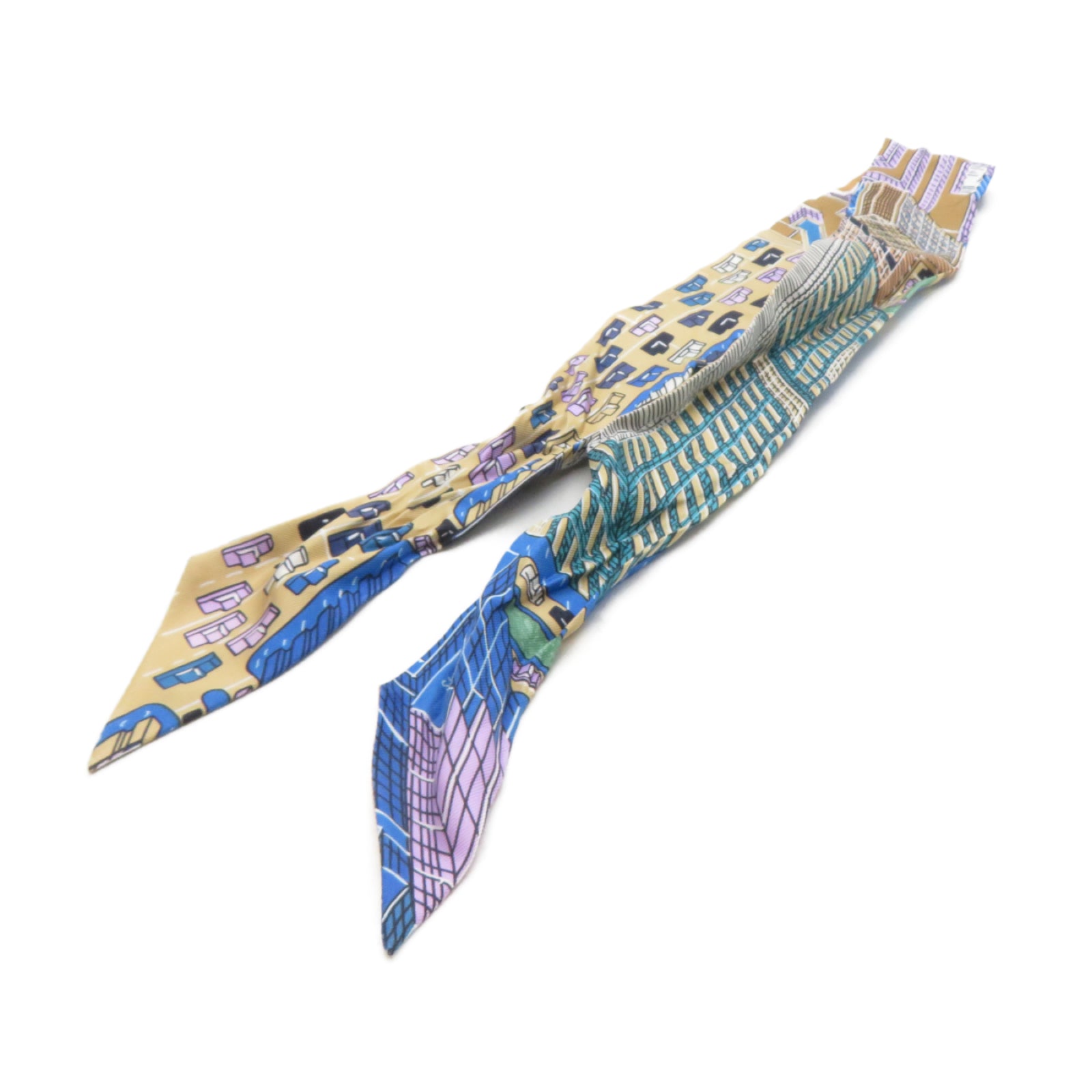HERMES 絲質Twilly絲巾藍色/卡其色