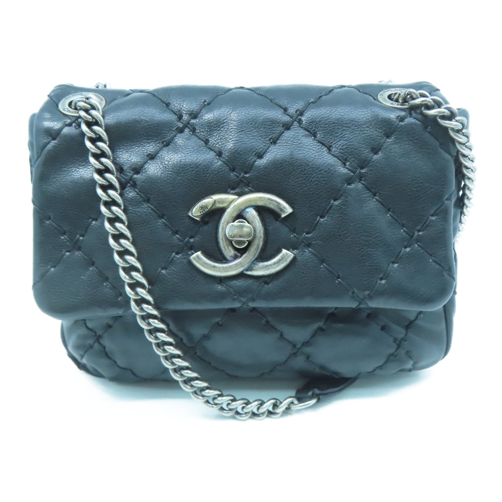 CHANEL 菱格Chain Shoulder銀扣鏈帶肩背袋黑色