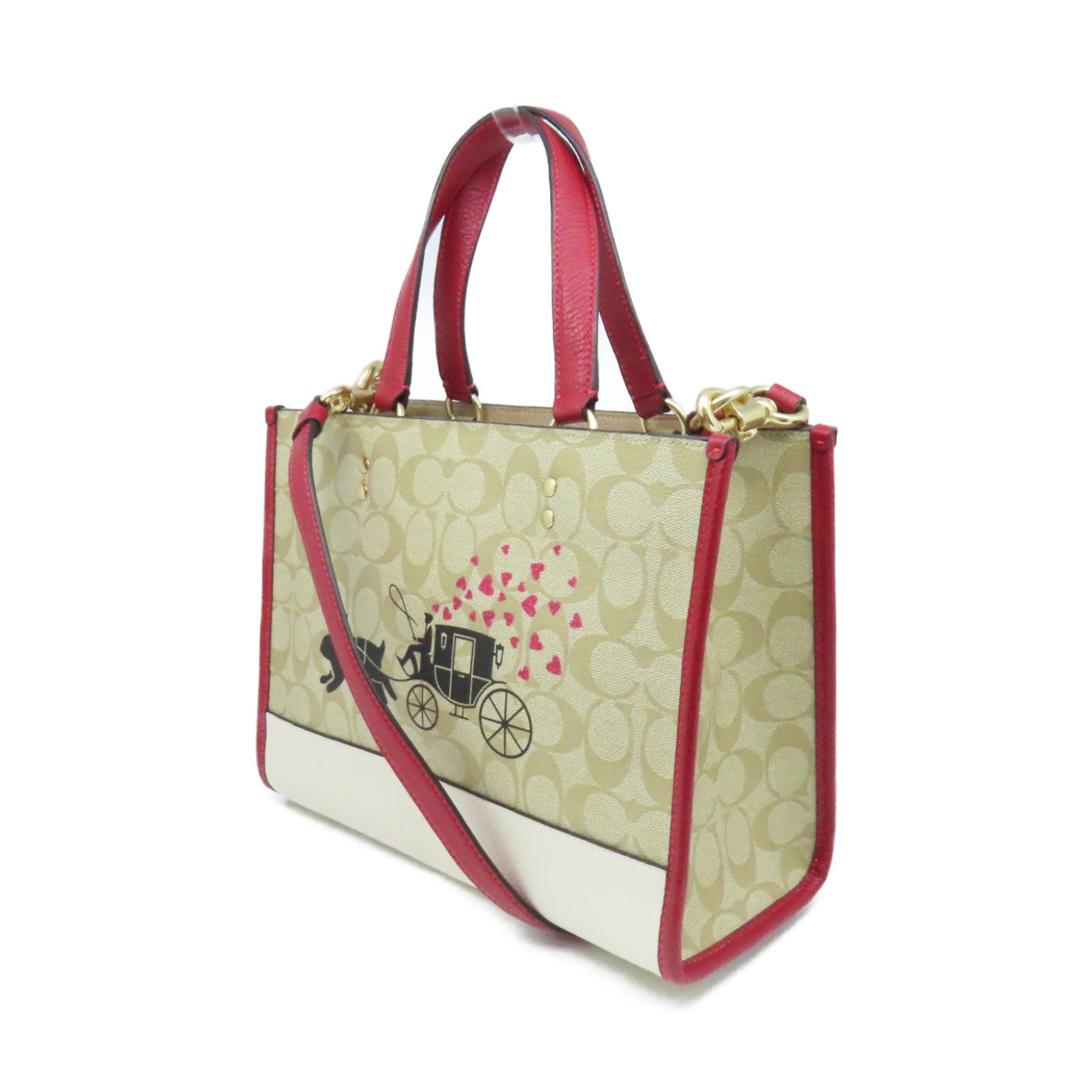 COACH 塗層帆布/牛皮皮革2Way Shoulder Bag手挽肩背兩用袋杏色/紅色
