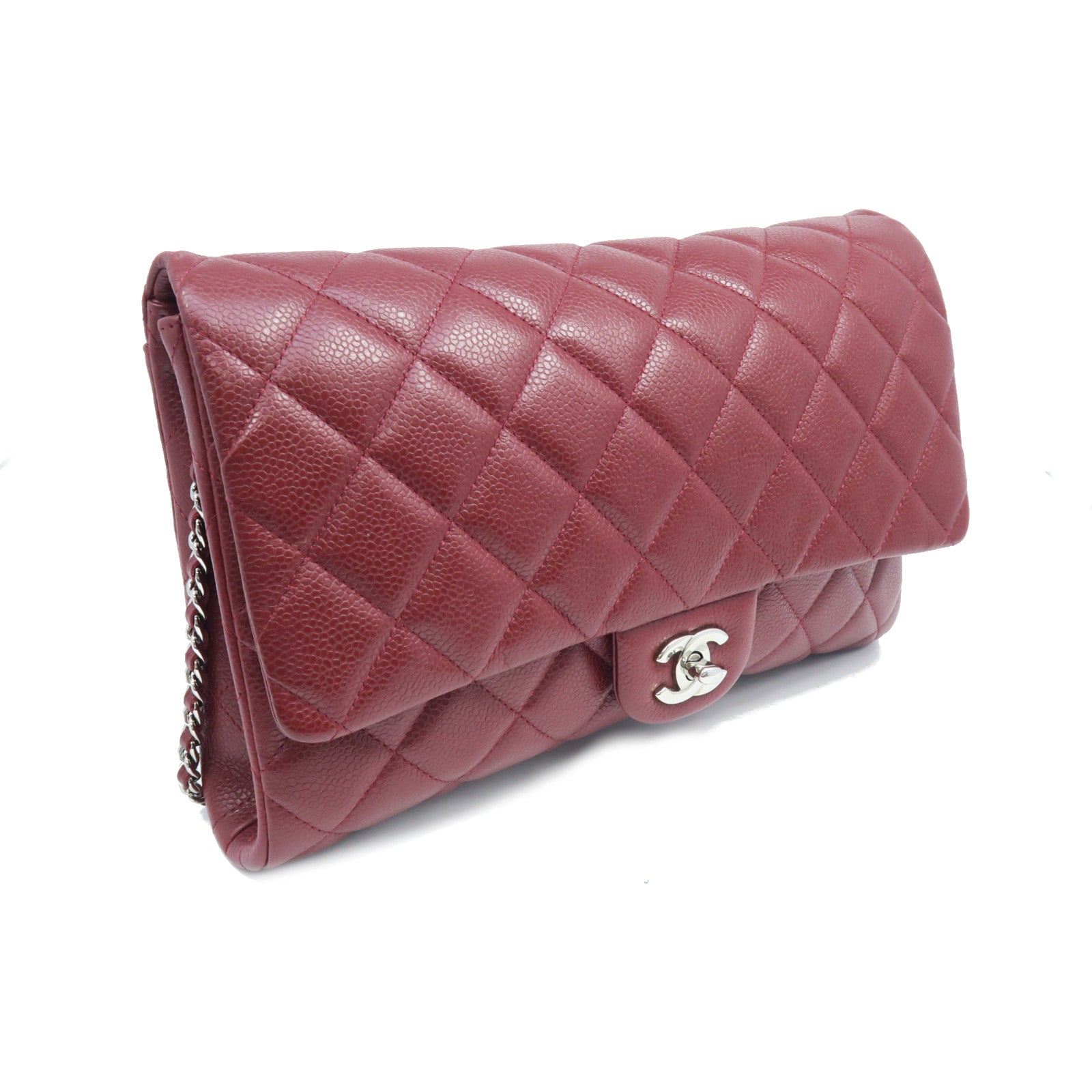 CHANEL 菱格Caviar皮革Clutch With Chain银扣链带肩背袋红色