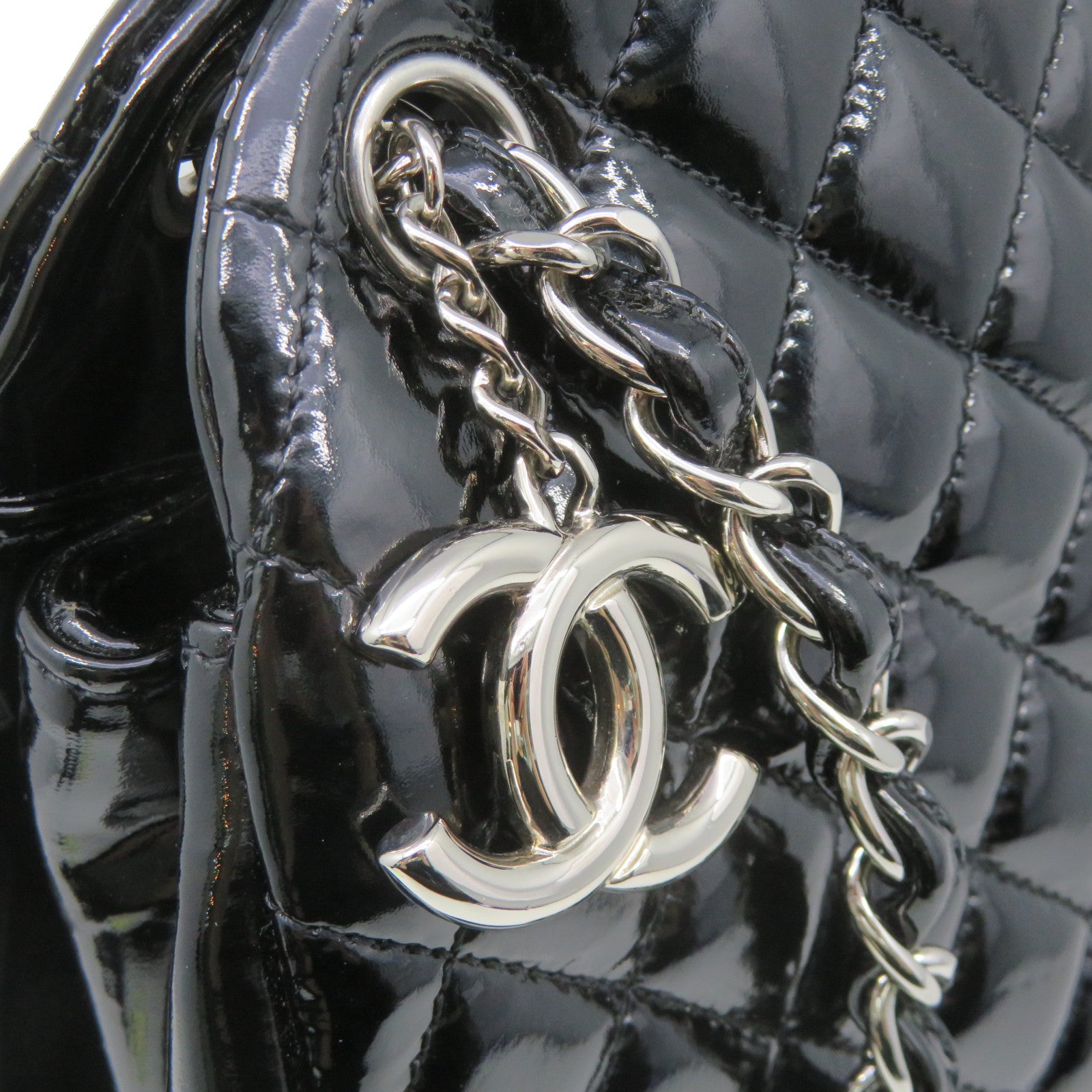 CHANEL 菱格漆皮皮革Chain Shoulder Bag银扣链带肩背袋黑色