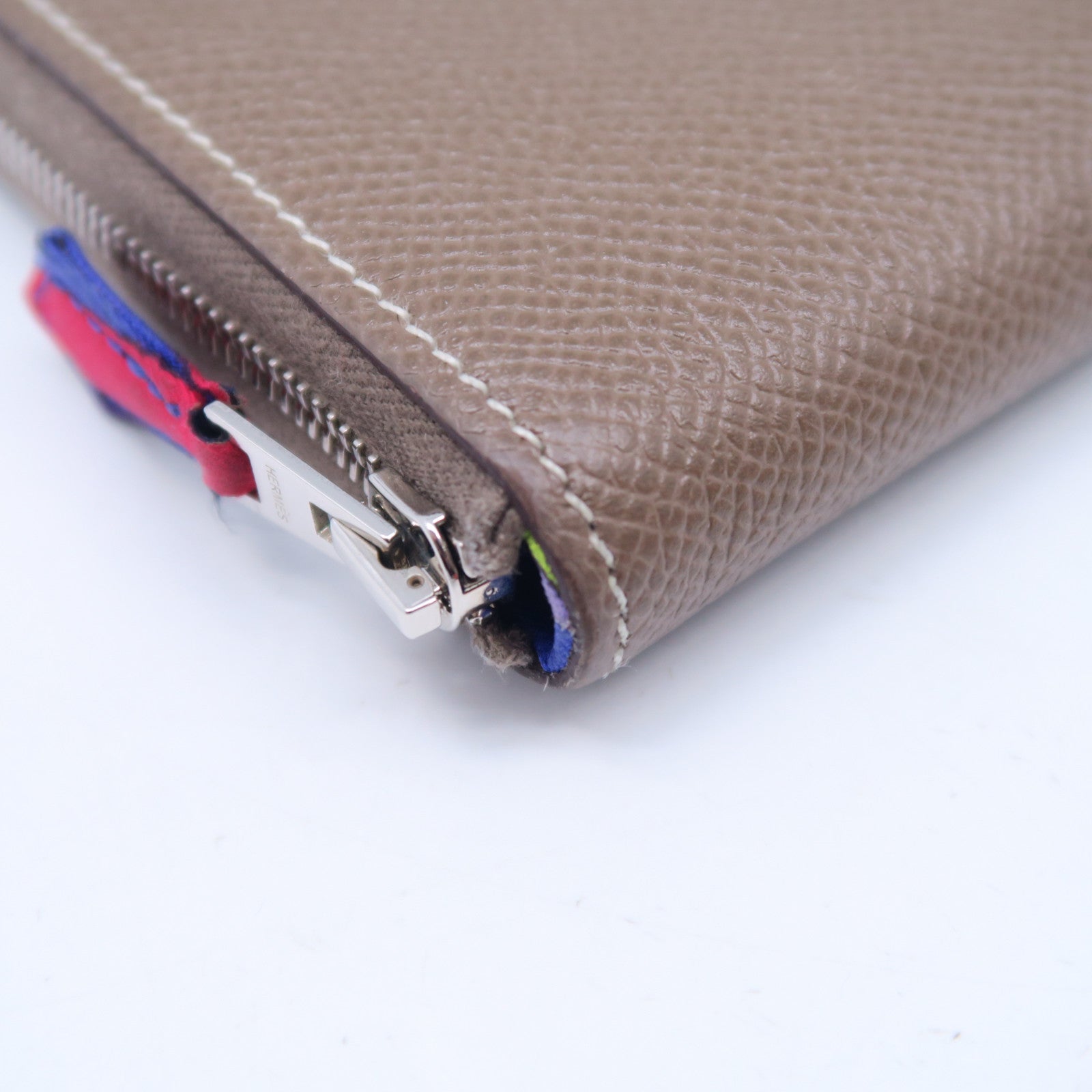 HERMES Epsom皮革Silk In Copmact銀扣錢包大象灰色