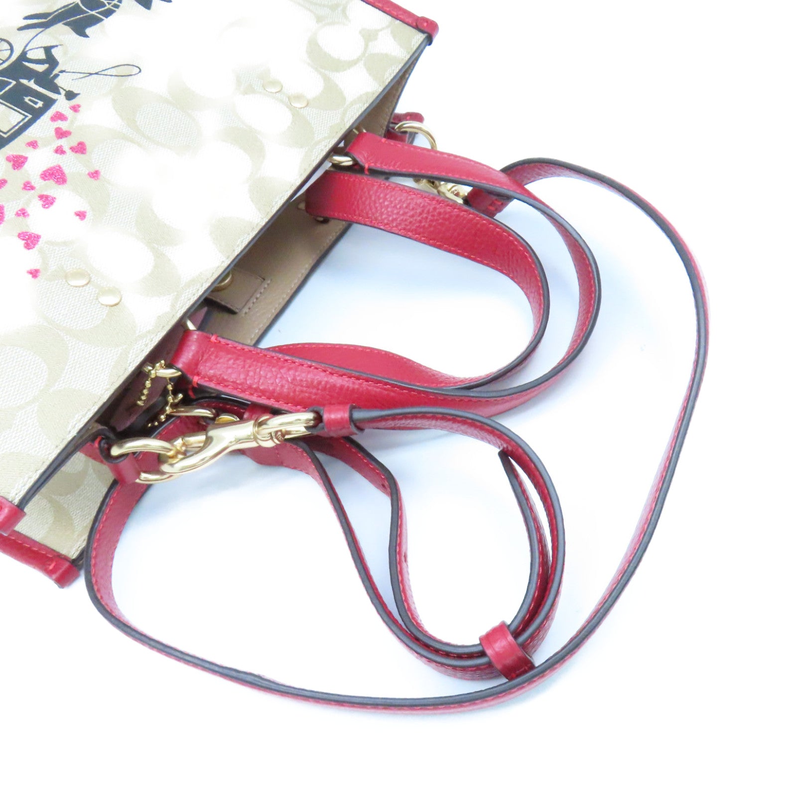COACH 塗層帆布/牛皮皮革2Way Shoulder Bag手挽肩背兩用袋杏色/紅色