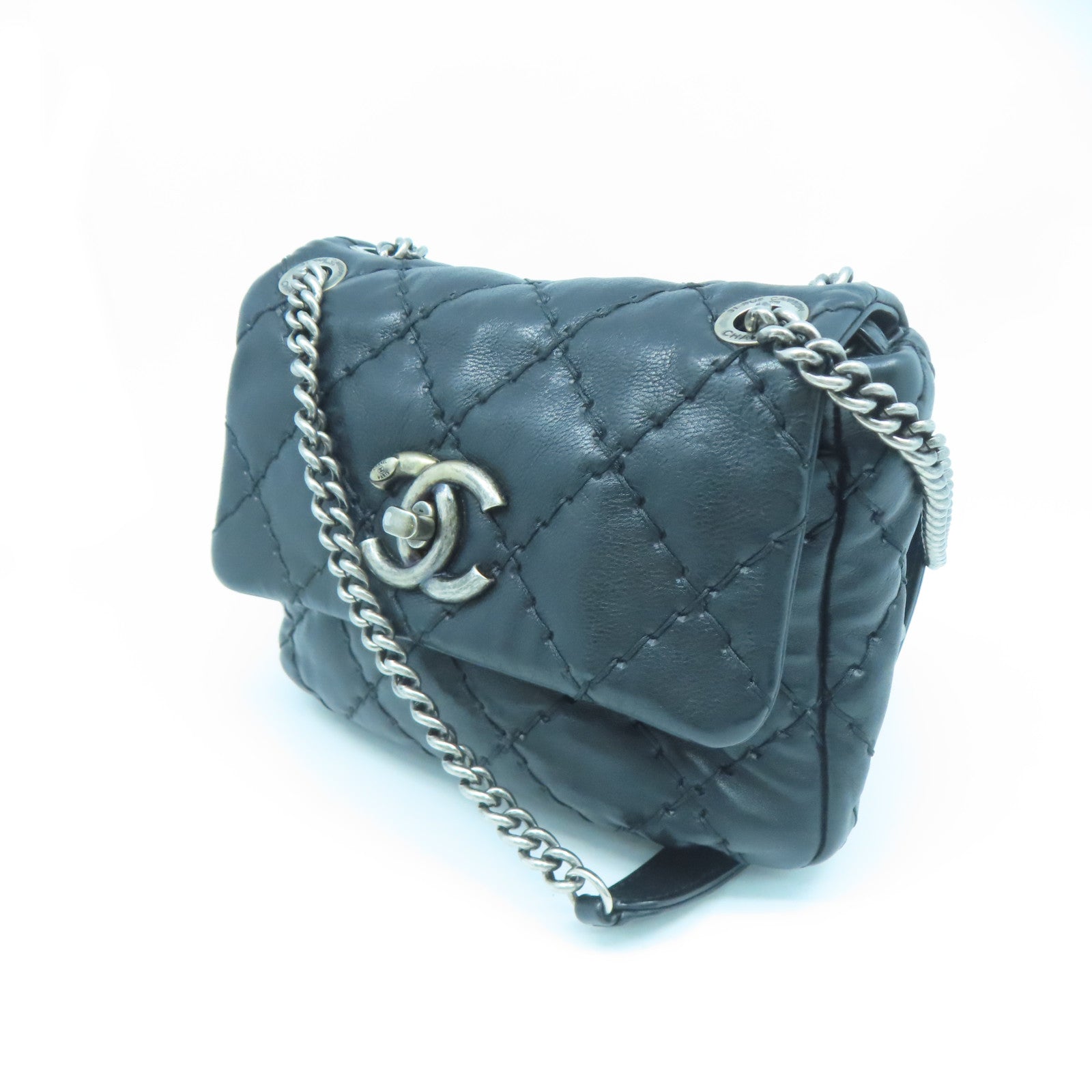 CHANEL 菱格Chain Shoulder銀扣鏈帶肩背袋黑色