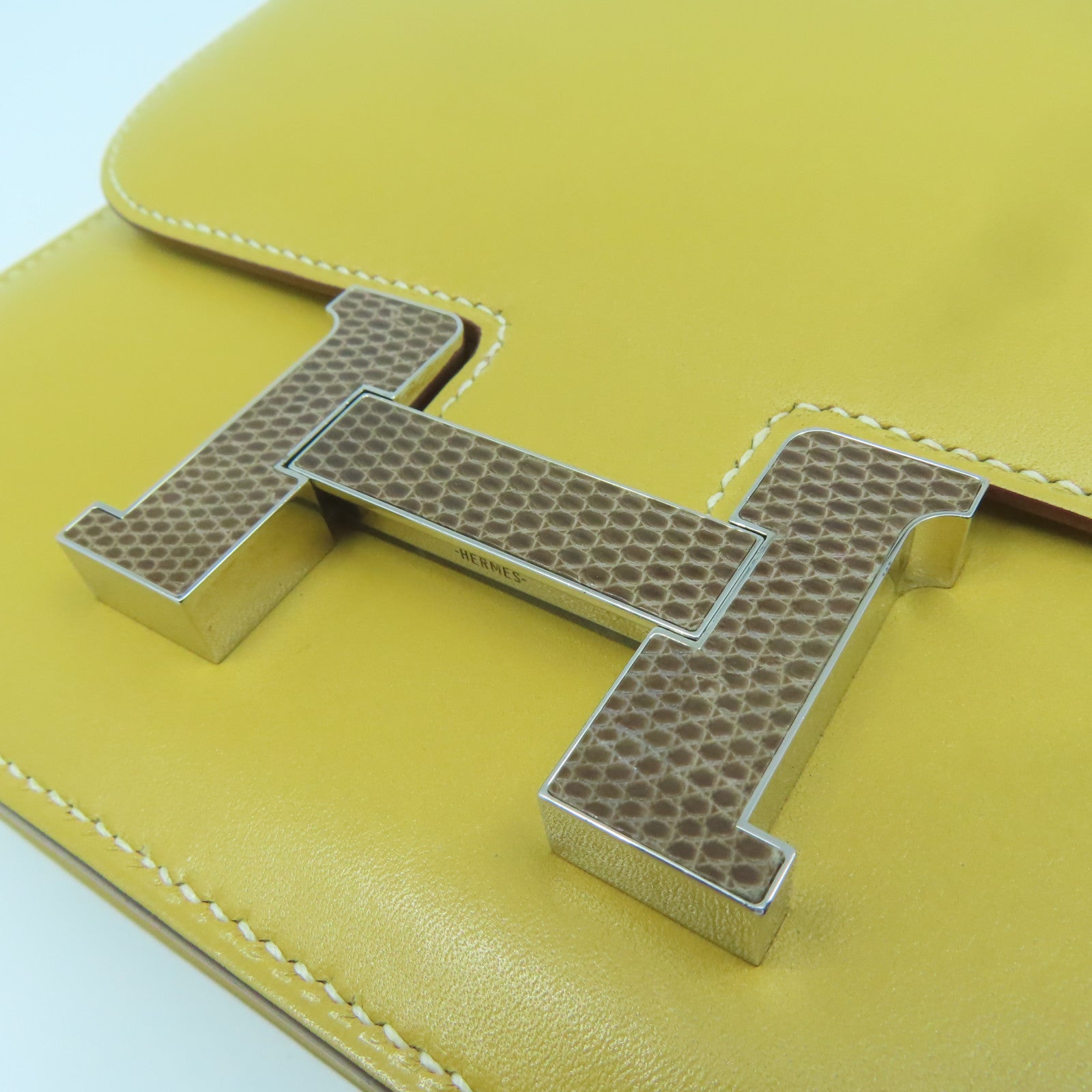HERMES Tadelakt Leather / Lizard Leather Mini Constance Silver Buckle Shoulder Bag Straw Yellow