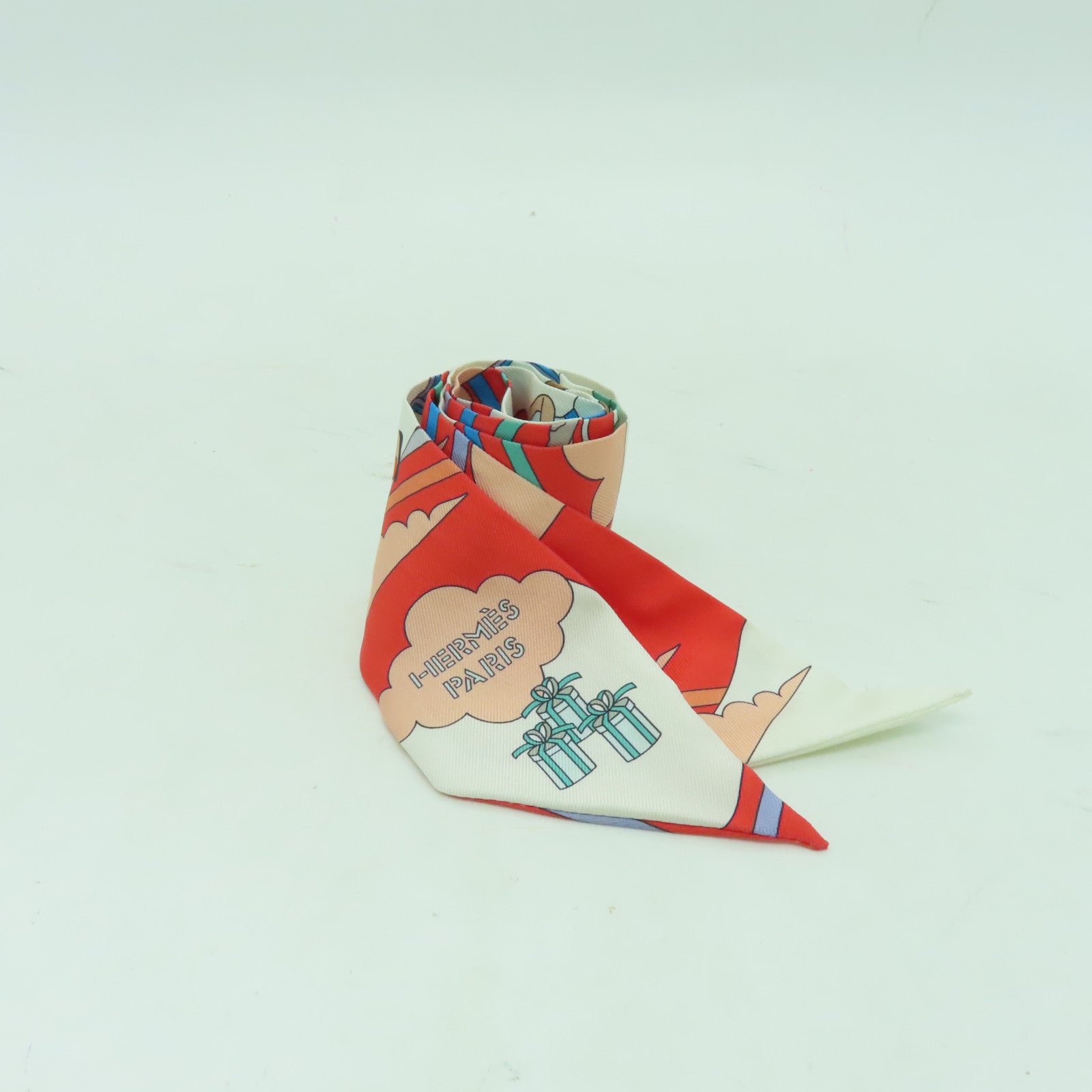HERMES 絲質Twilly絲巾橙色/白色
