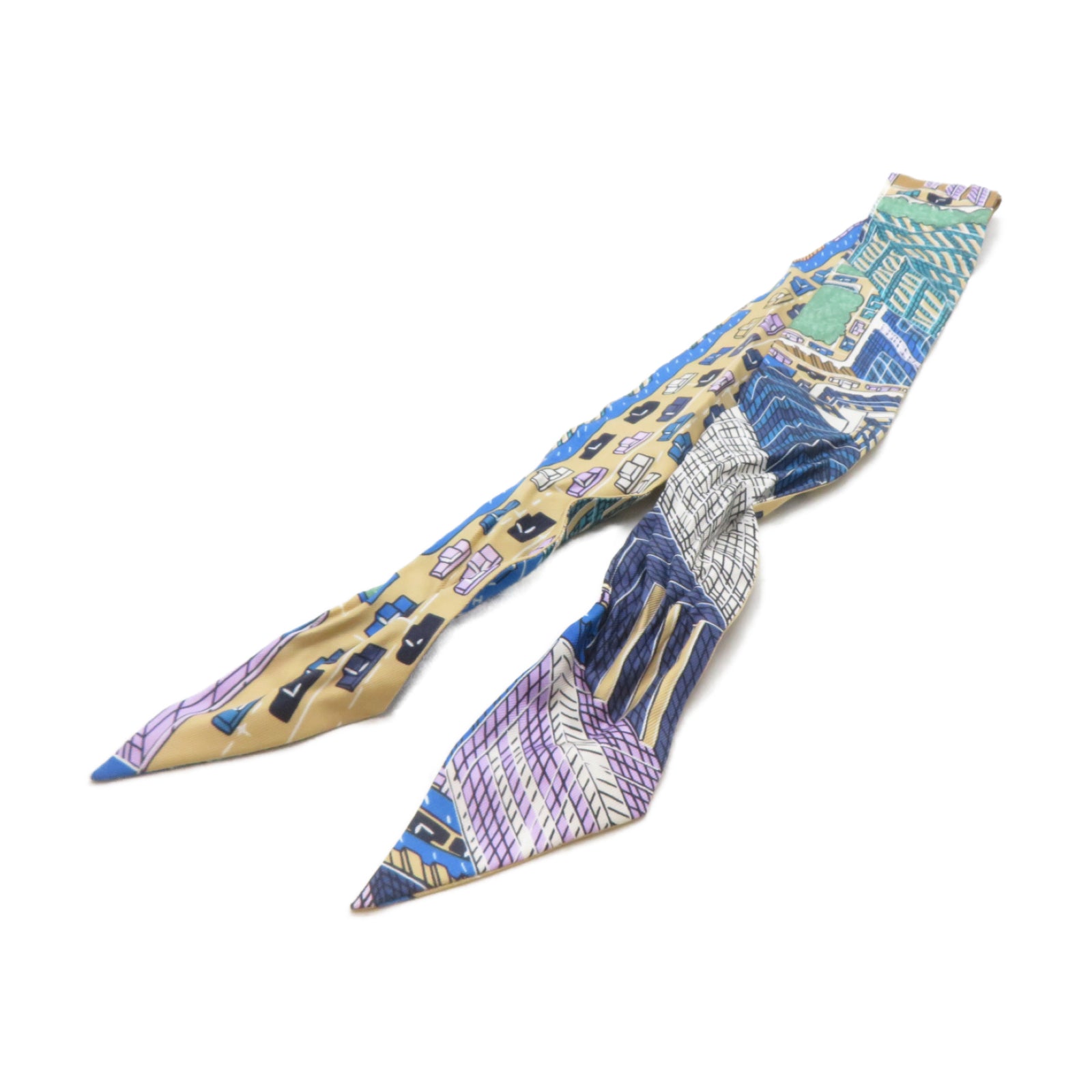 HERMES 絲質Twilly絲巾藍色/卡其色
