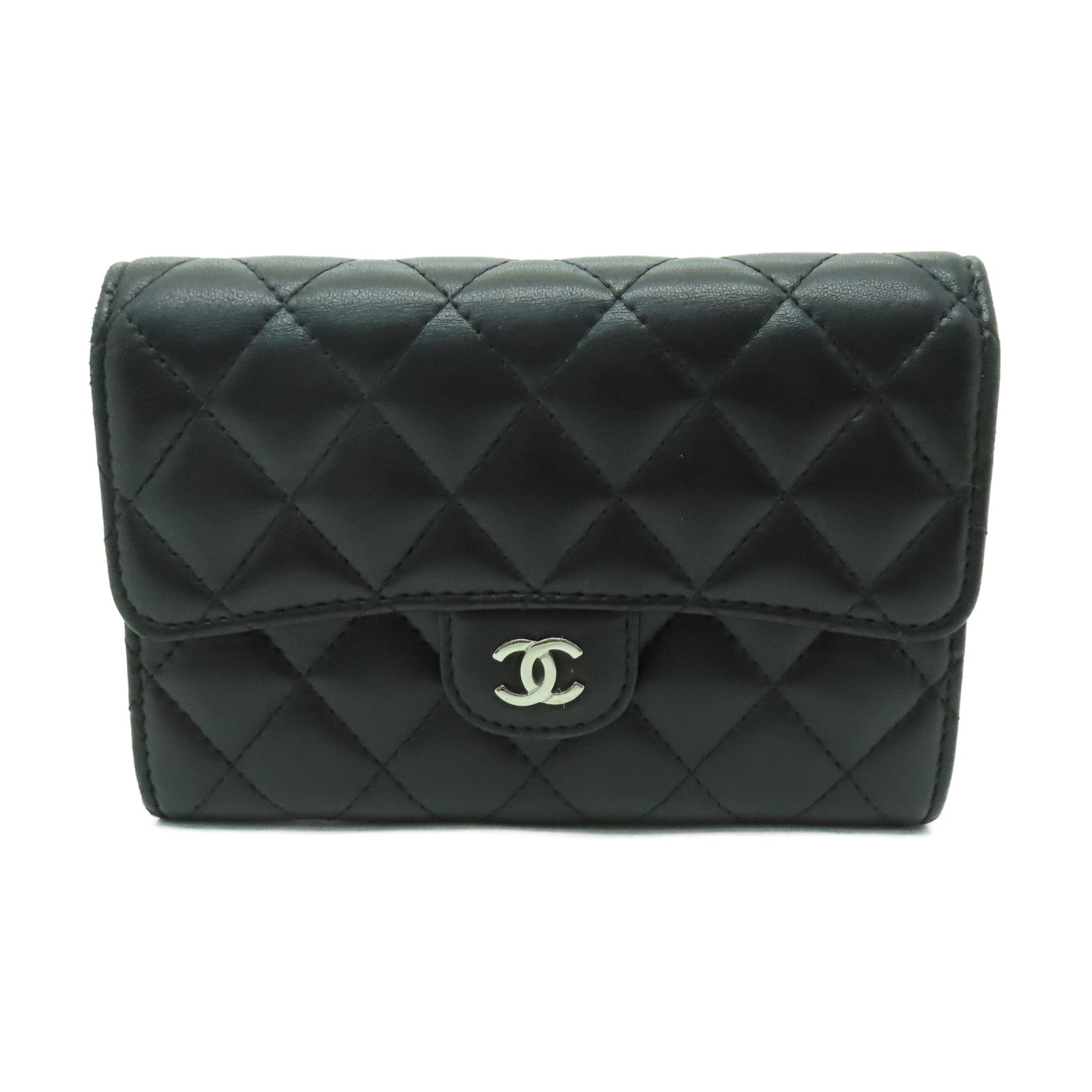 CHANEL 菱格羊皮皮革Wallet銀扣錢包黑色