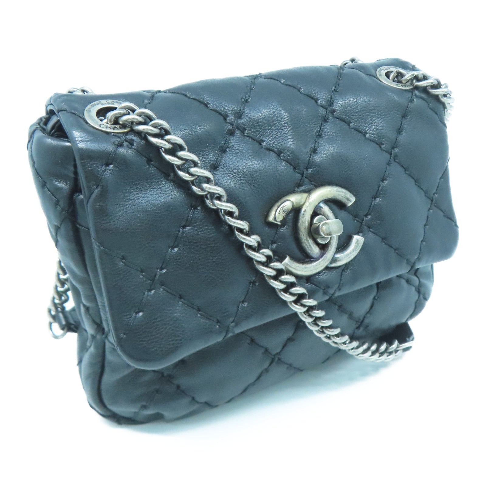 CHANEL 菱格Chain Shoulder銀扣鏈帶肩背袋黑色