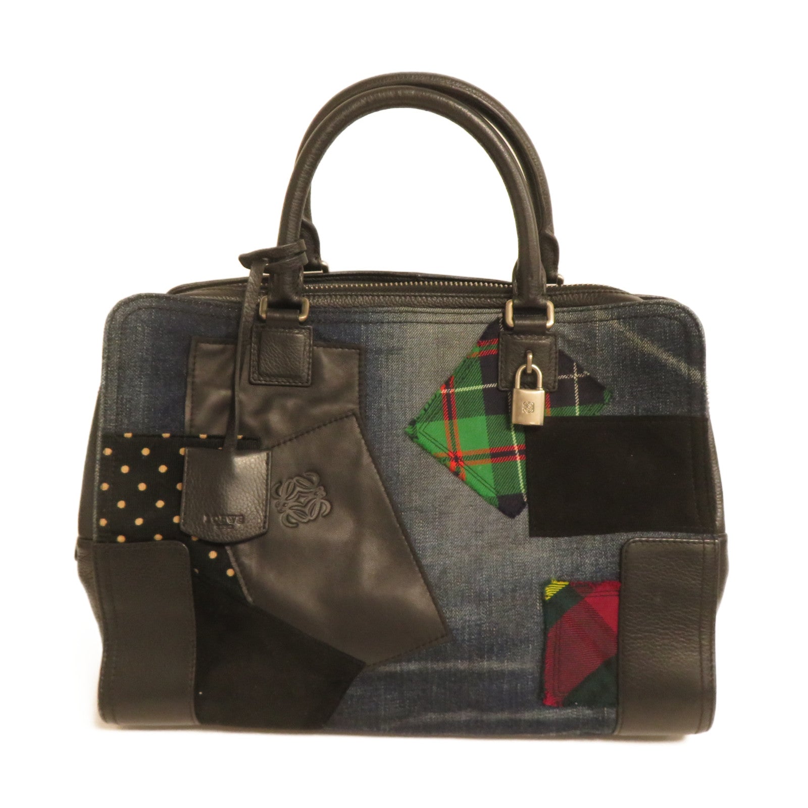 LOEWE 牛皮皮革/牛仔布Amazona銀扣手挽袋藍色/黑色