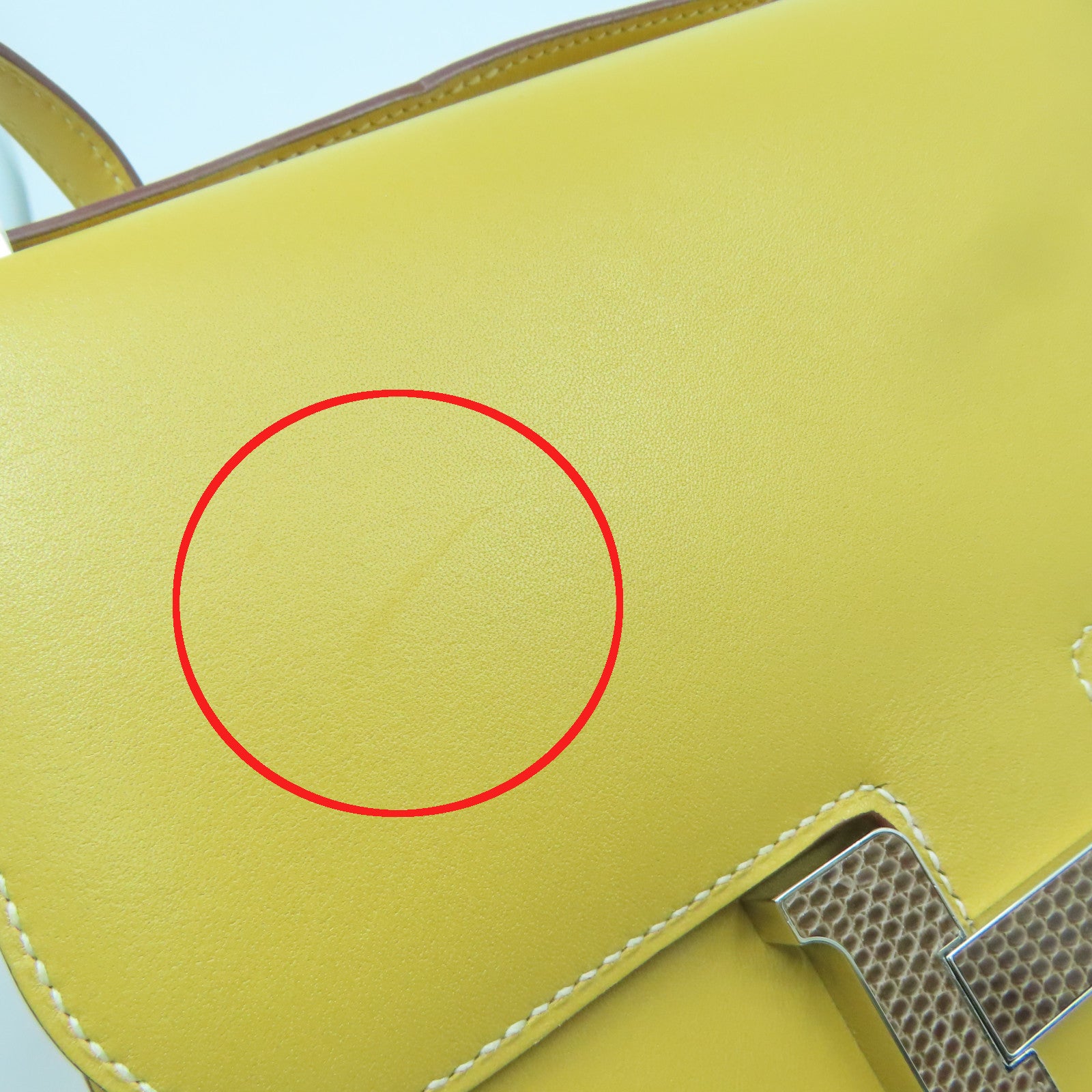 HERMES Tadelakt Leather / Lizard Leather Mini Constance Silver Buckle Shoulder Bag Straw Yellow