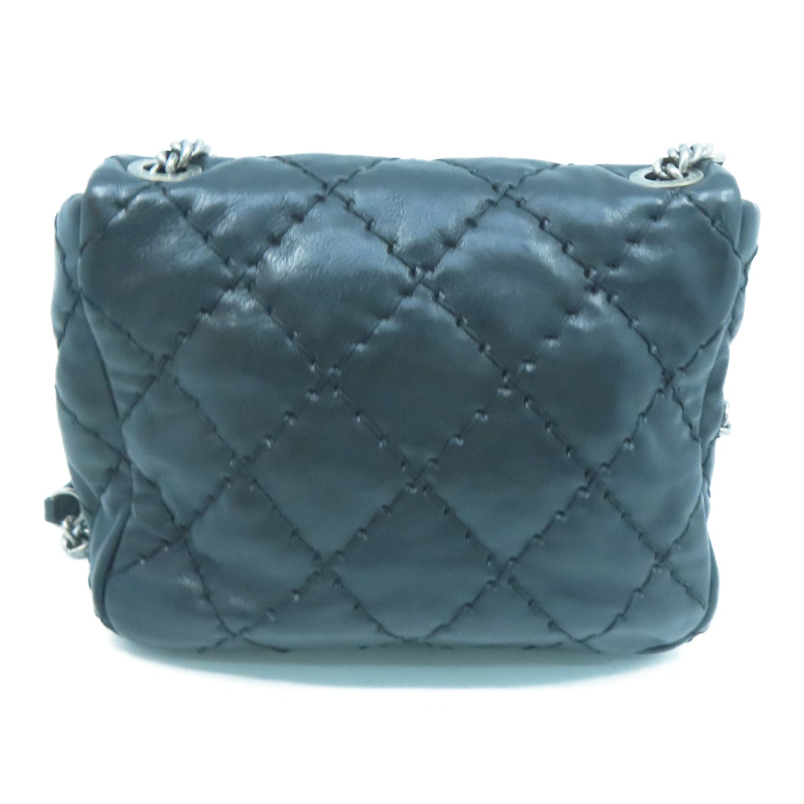 CHANEL 菱格Chain Shoulder銀扣鏈帶肩背袋黑色