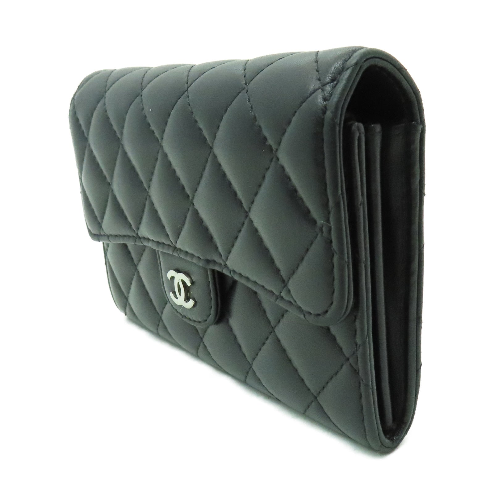 CHANEL 菱格羊皮皮革Wallet銀扣錢包黑色