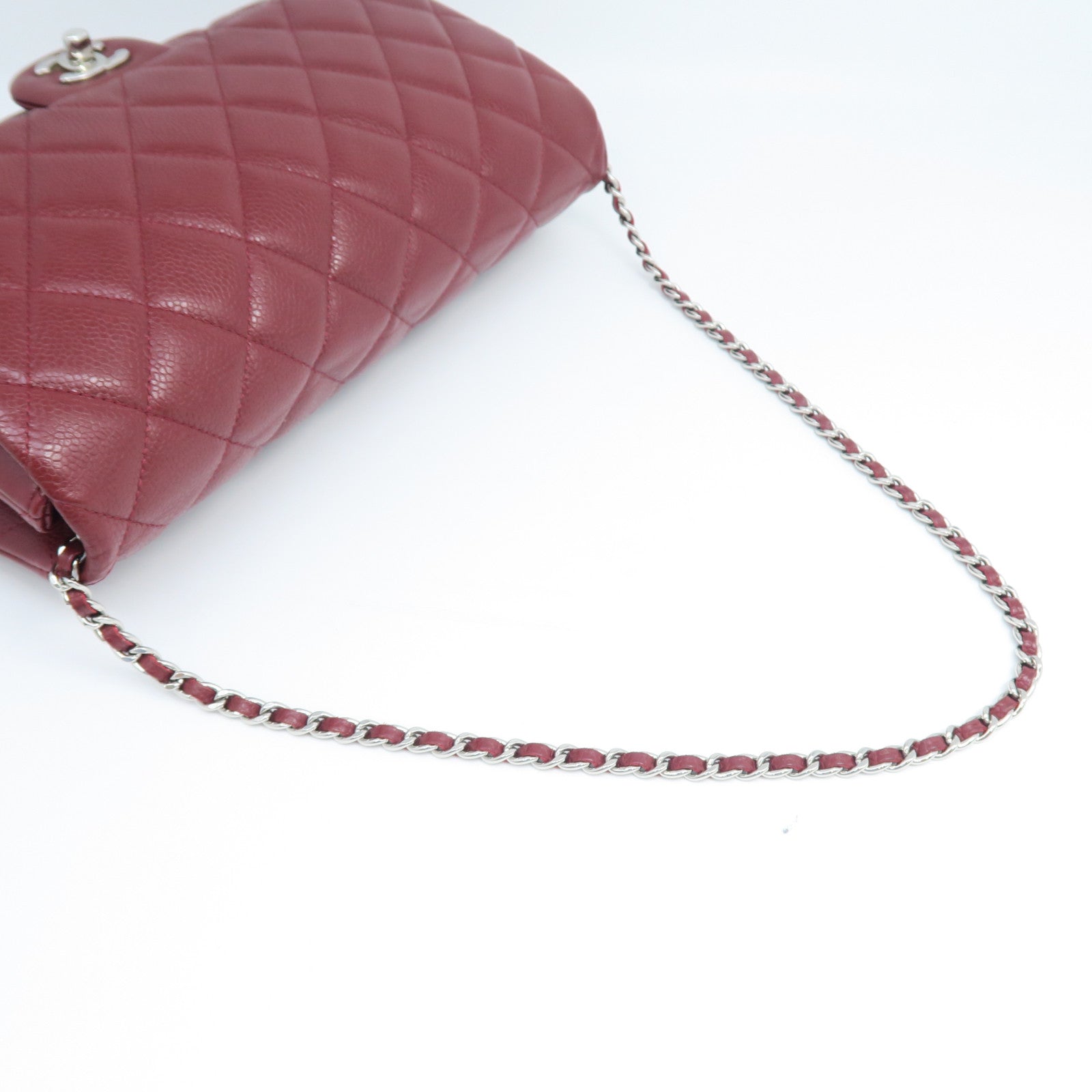 CHANEL 菱格Caviar皮革Clutch With Chain银扣链带肩背袋红色