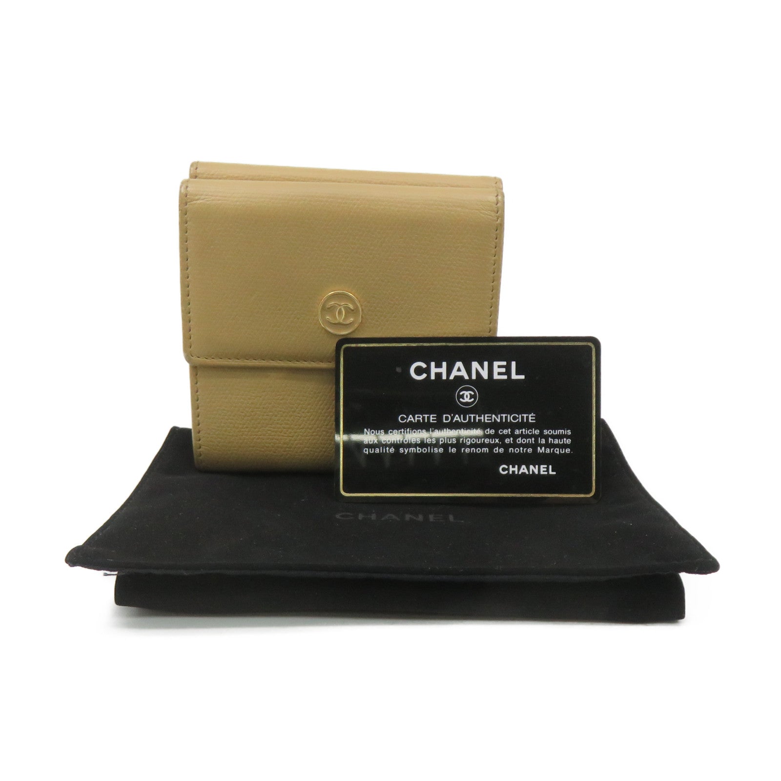 CHANEL 【激減優惠】牛皮皮革Short Wallet金扣短錢包杏色