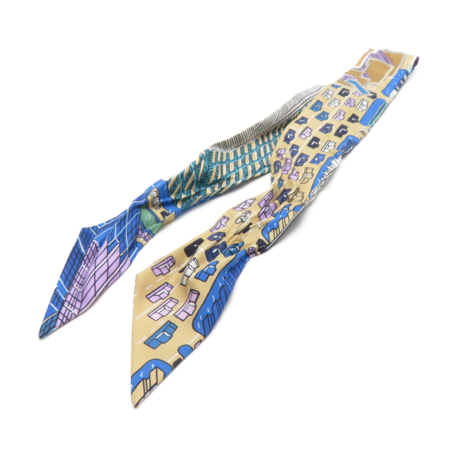 HERMES 絲質Twilly絲巾藍色/卡其色