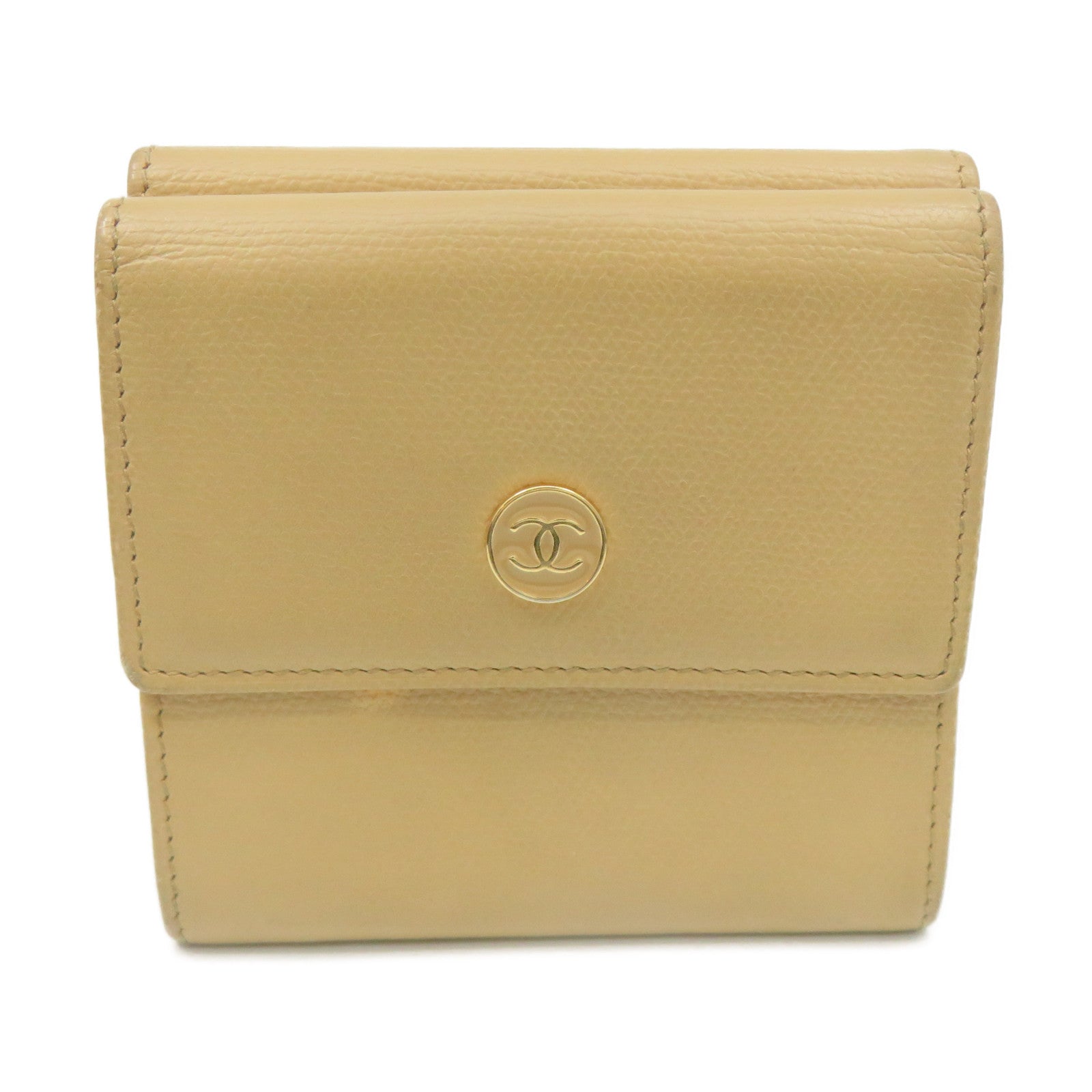 CHANEL 【激減優惠】牛皮皮革Short Wallet金扣短錢包杏色