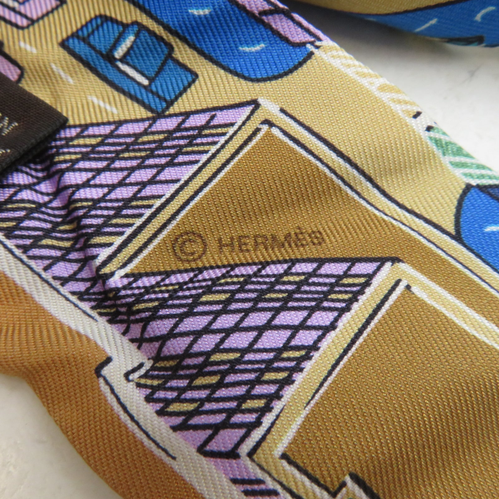 HERMES 絲質Twilly絲巾藍色/卡其色