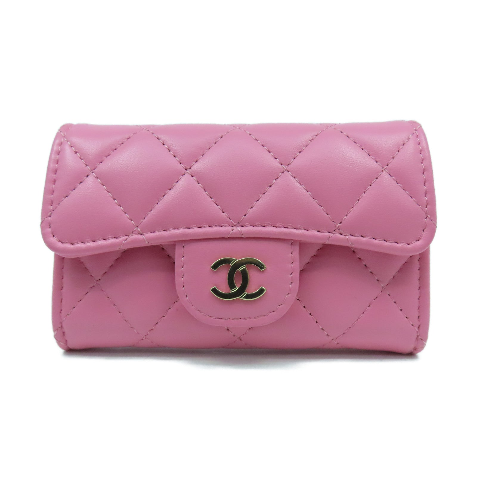 CHANEL 菱格羊皮皮革Card Case金扣卡片套粉紅色