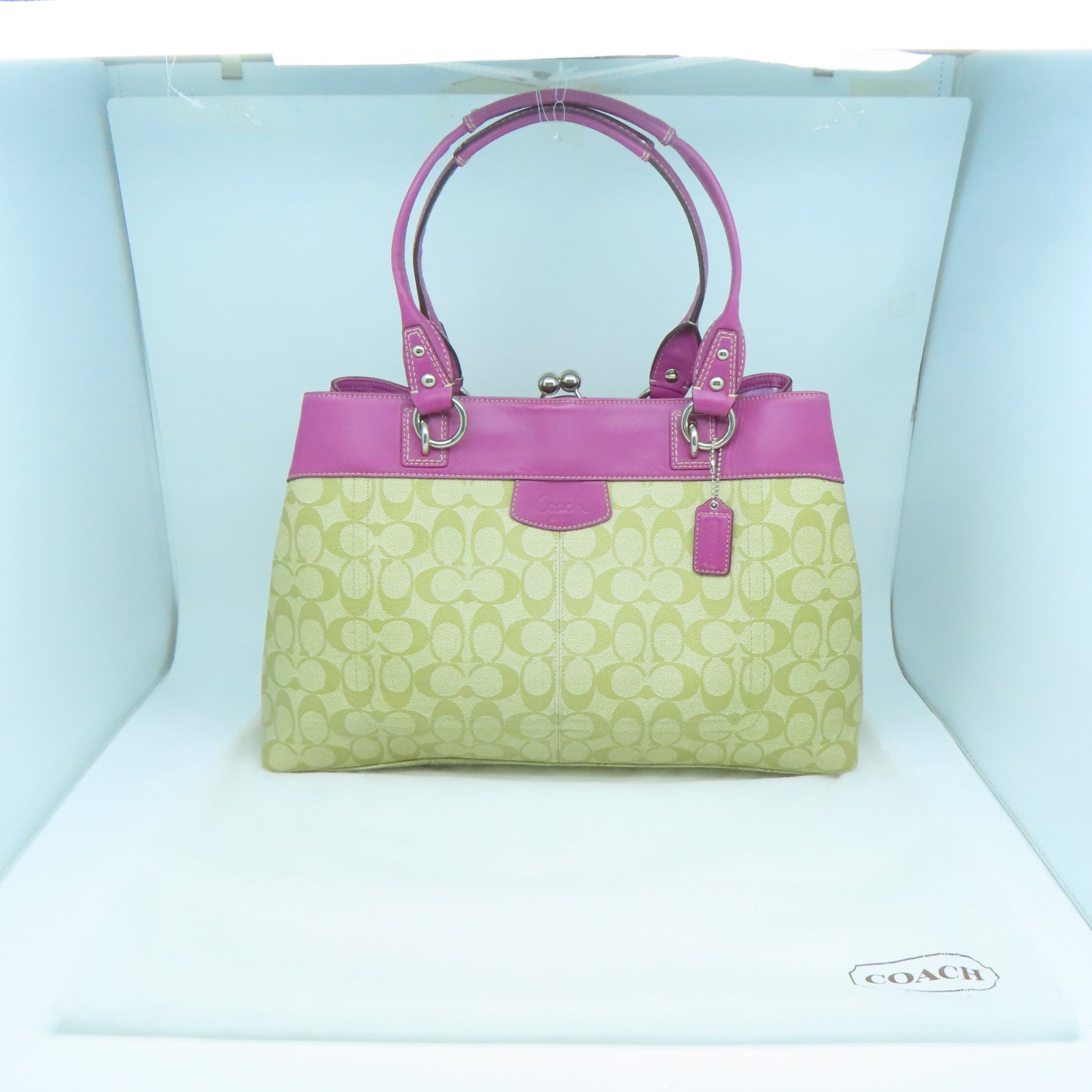 COACH 塗層帆布Tote Bag銀扣手挽袋啡色/粉紅色