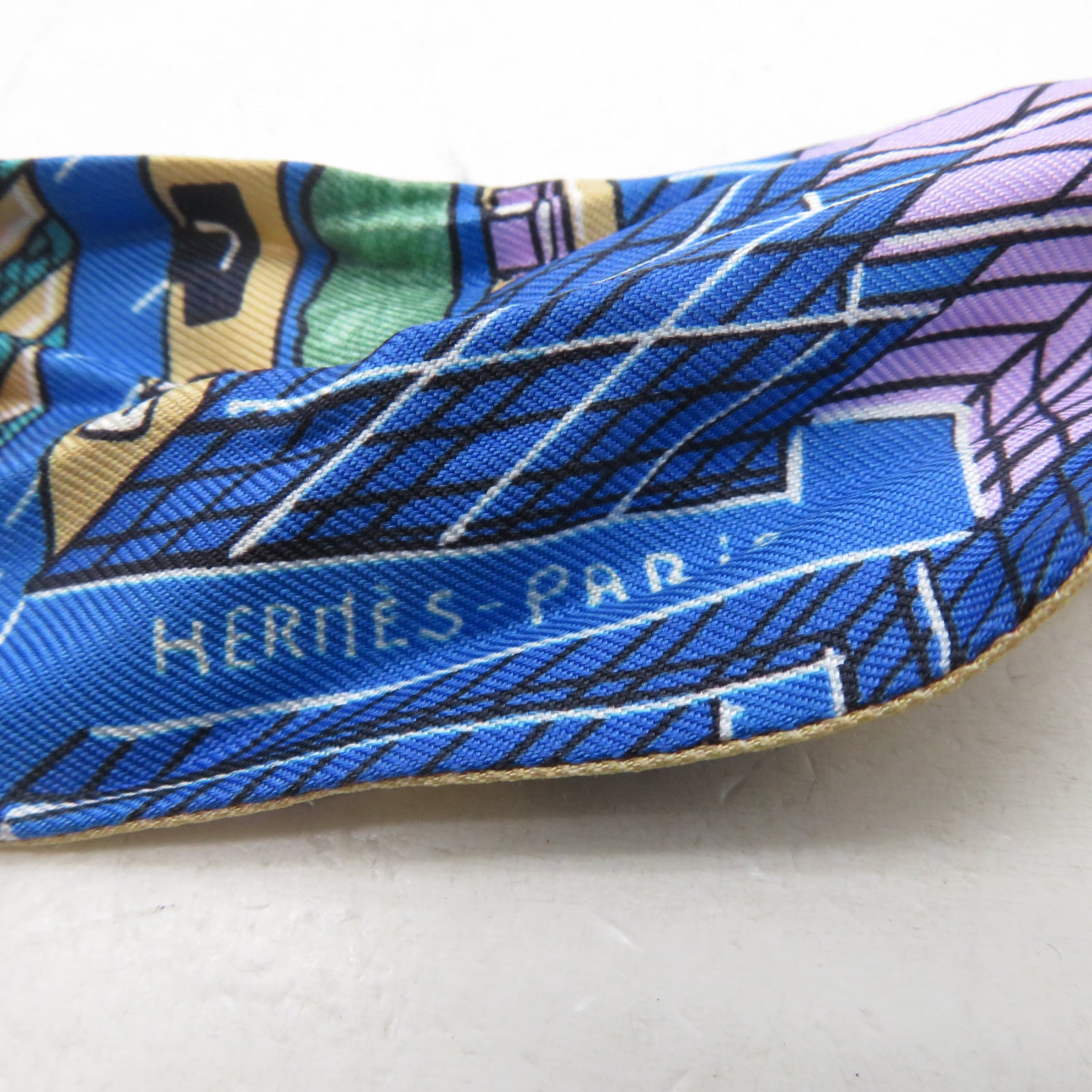 HERMES 絲質Twilly絲巾藍色/卡其色