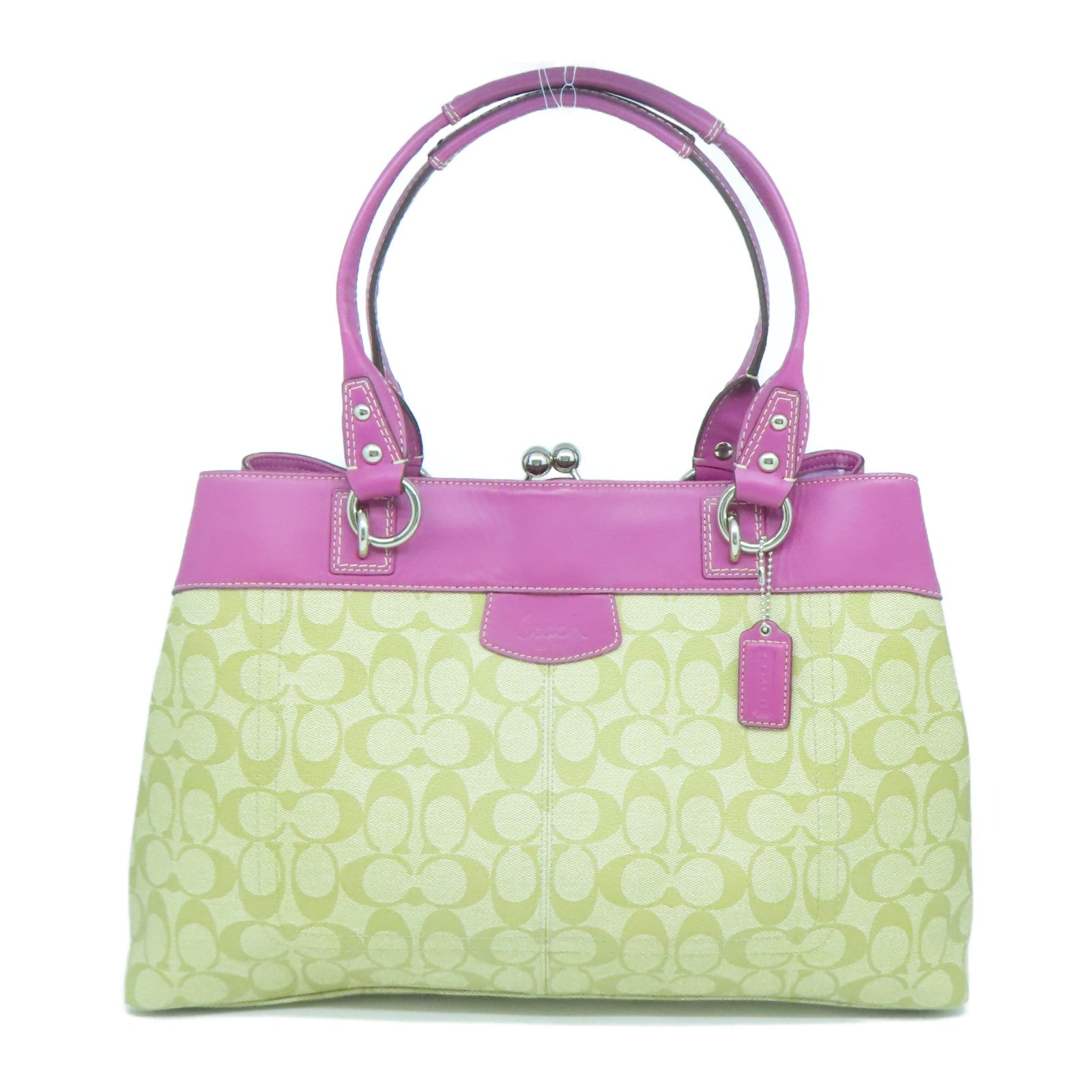 COACH 塗層帆布Tote Bag銀扣手挽袋啡色/粉紅色