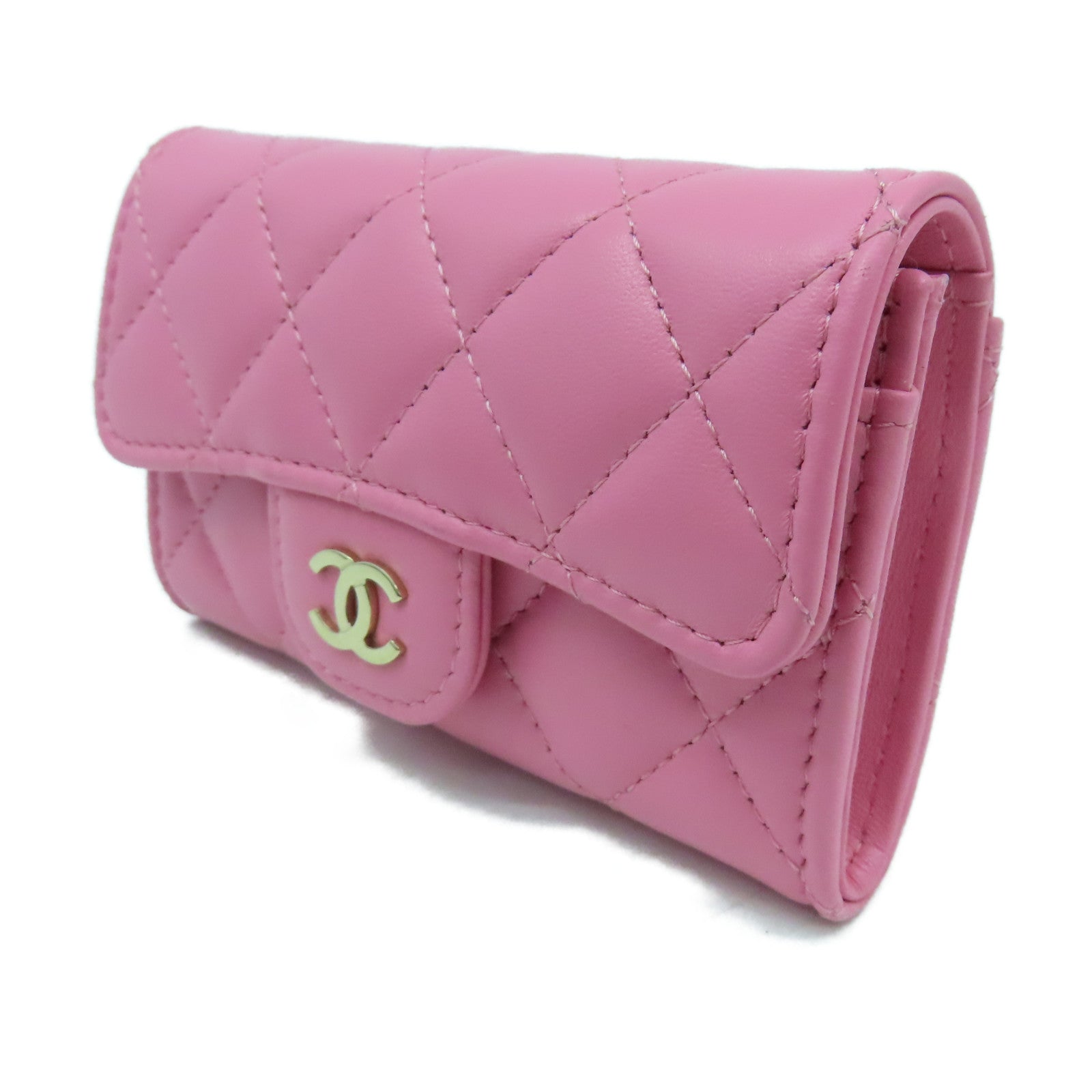 CHANEL 菱格羊皮皮革Card Case金扣卡片套粉紅色
