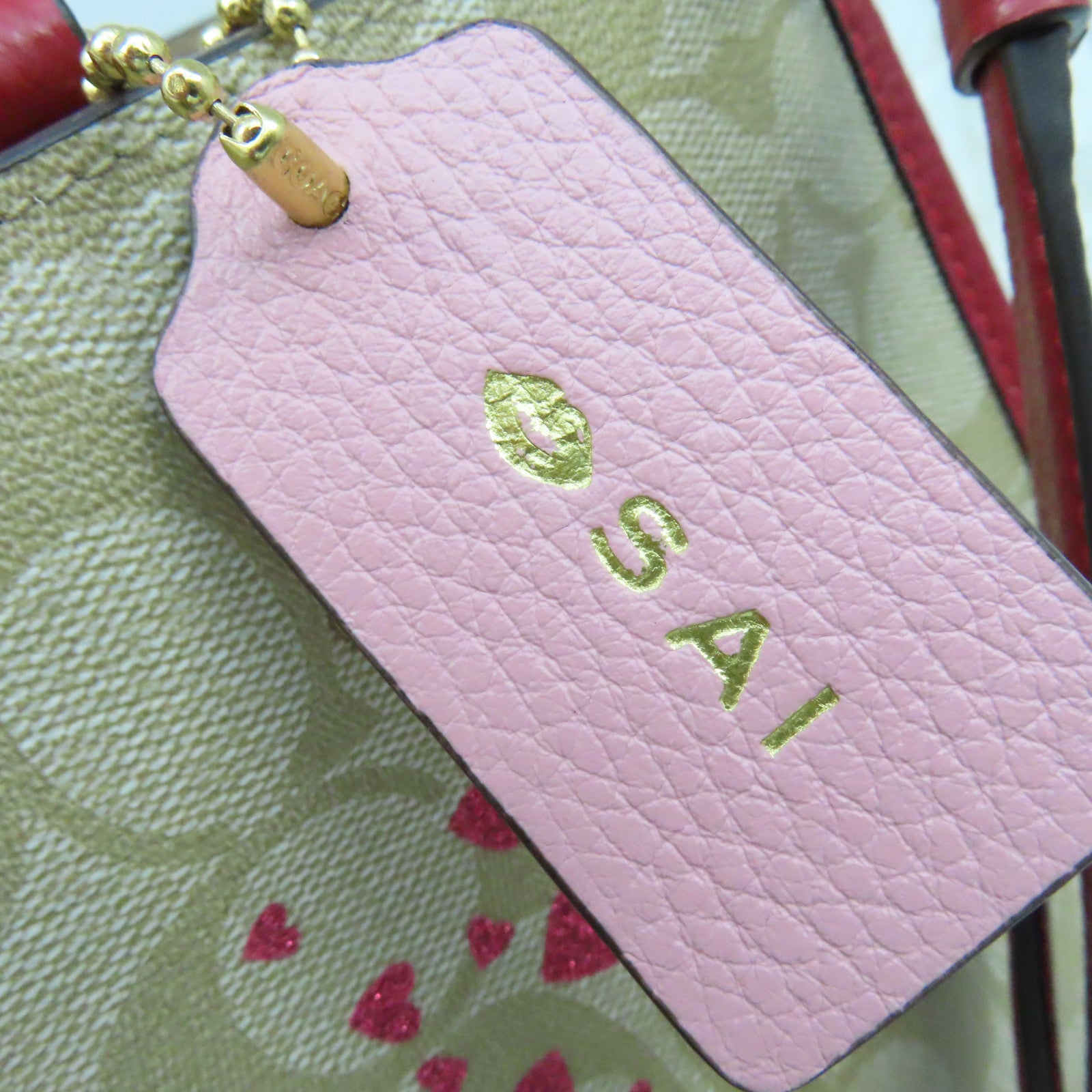 COACH 塗層帆布/牛皮皮革2Way Shoulder Bag手挽肩背兩用袋杏色/紅色