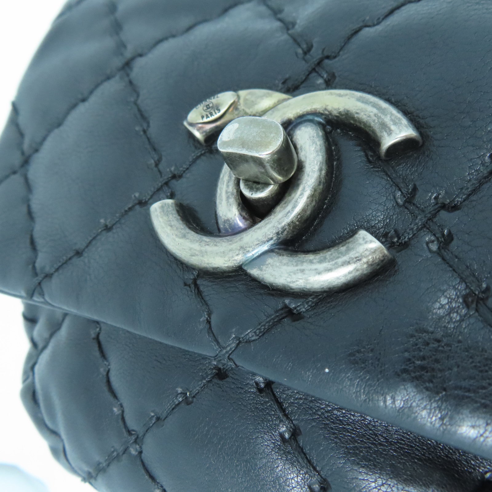 CHANEL 菱格Chain Shoulder銀扣鏈帶肩背袋黑色