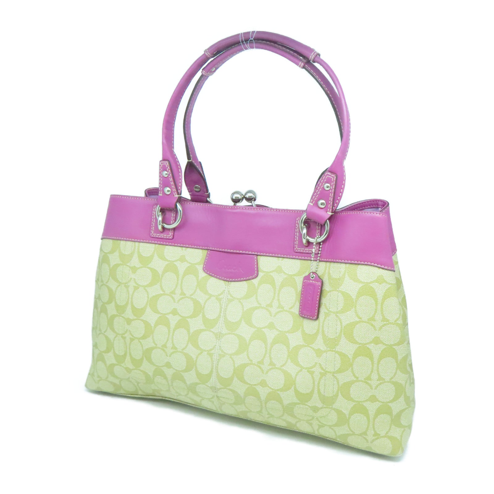 COACH 塗層帆布Tote Bag銀扣手挽袋啡色/粉紅色