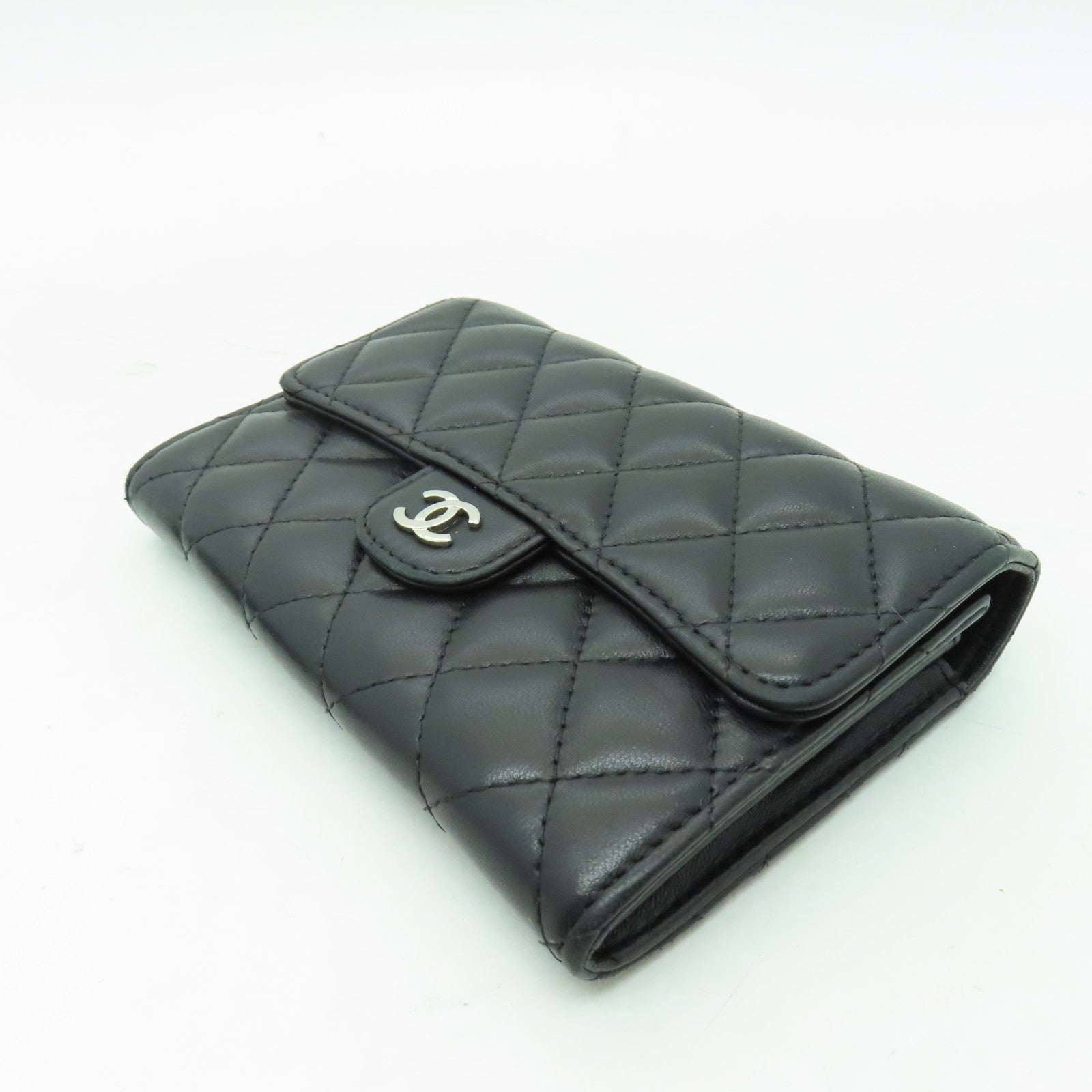 CHANEL 菱格羊皮皮革Wallet銀扣錢包黑色