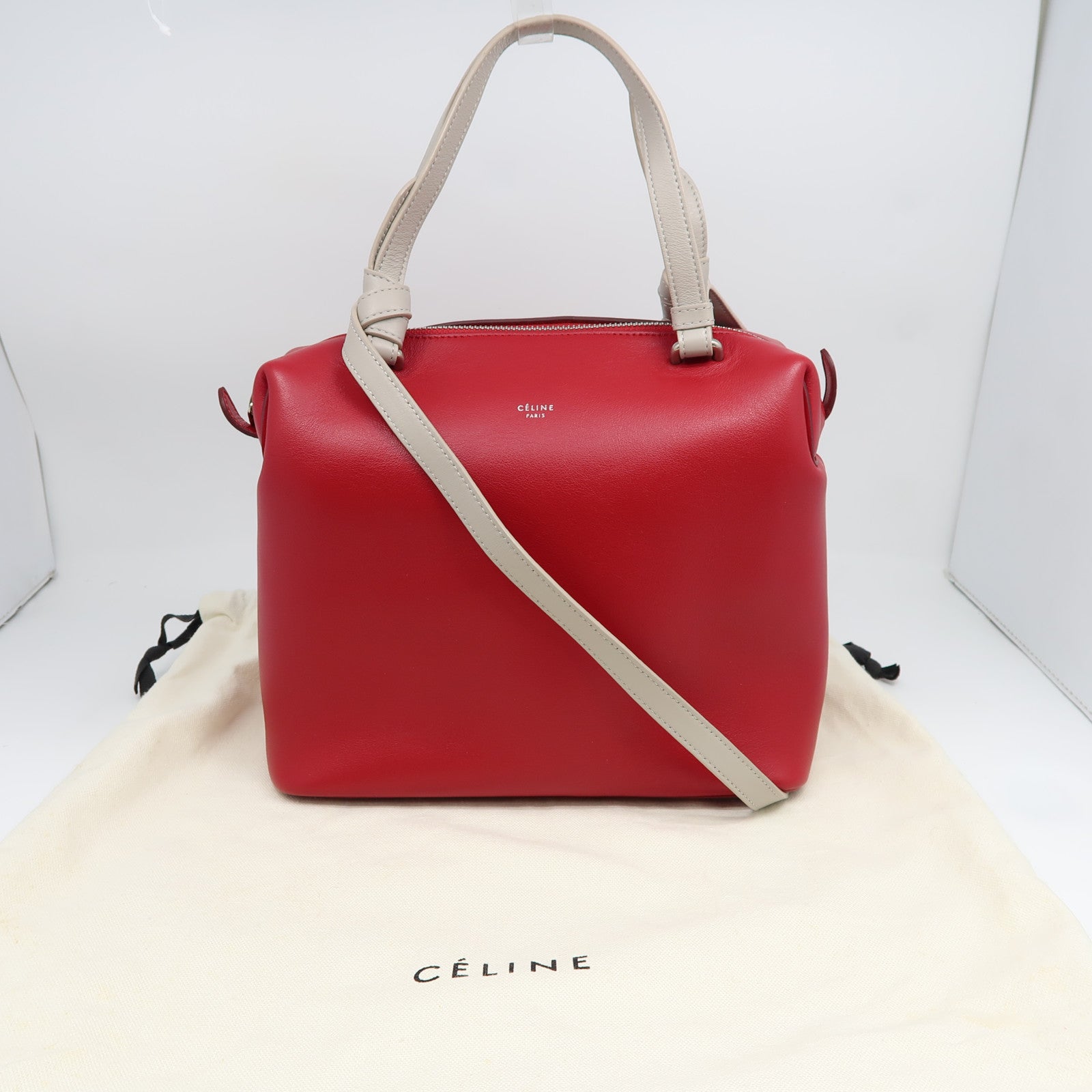 CELINE 牛皮皮革2 Way Shoulder Bag銀扣手挽肩背兩用袋紅色/灰色