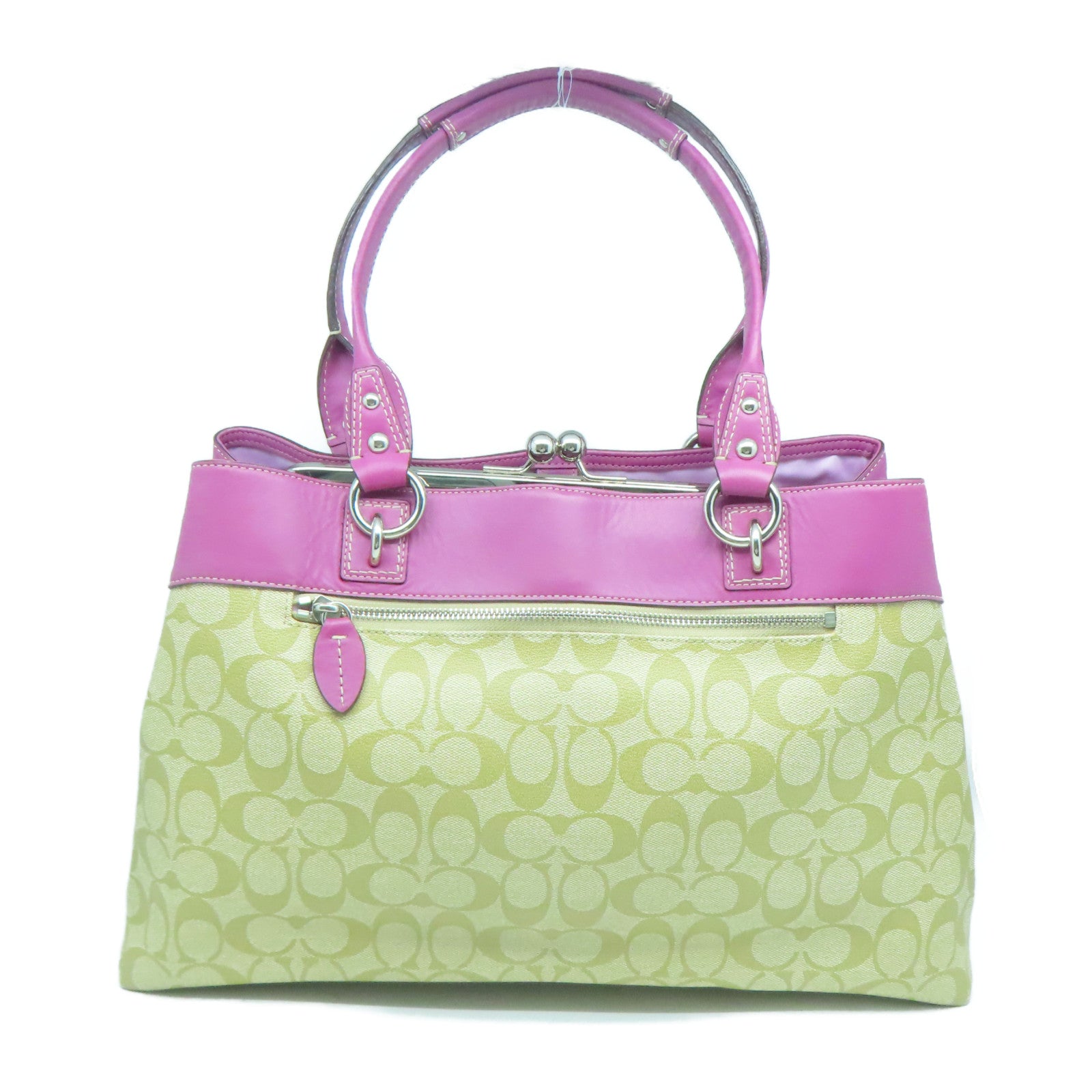 COACH 塗層帆布Tote Bag銀扣手挽袋啡色/粉紅色