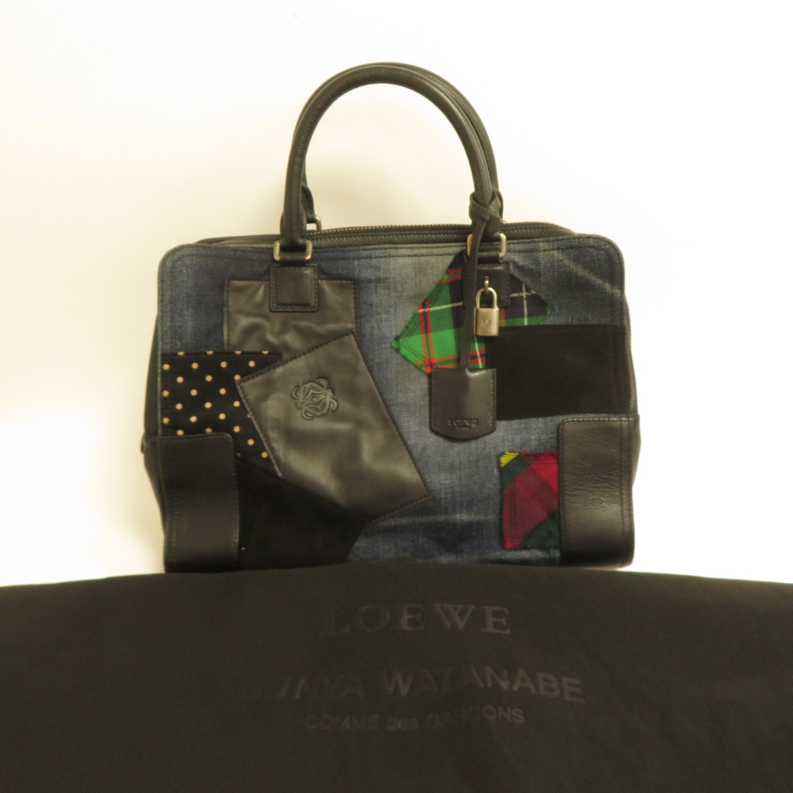LOEWE 牛皮皮革/牛仔布Amazona銀扣手挽袋藍色/黑色
