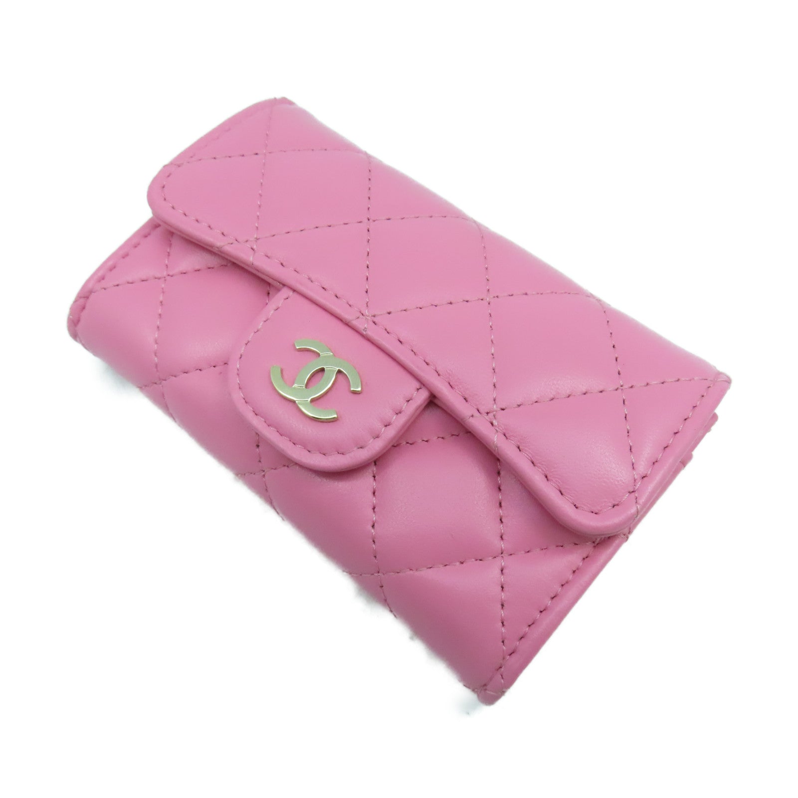 CHANEL 菱格羊皮皮革Card Case金扣卡片套粉紅色