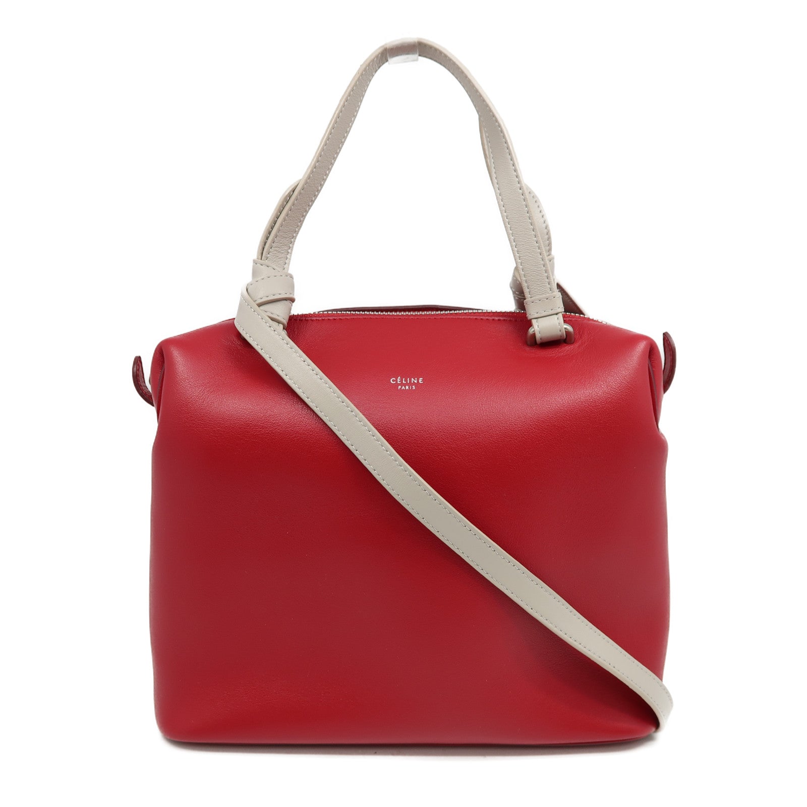 CELINE 牛皮皮革2 Way Shoulder Bag銀扣手挽肩背兩用袋紅色/灰色