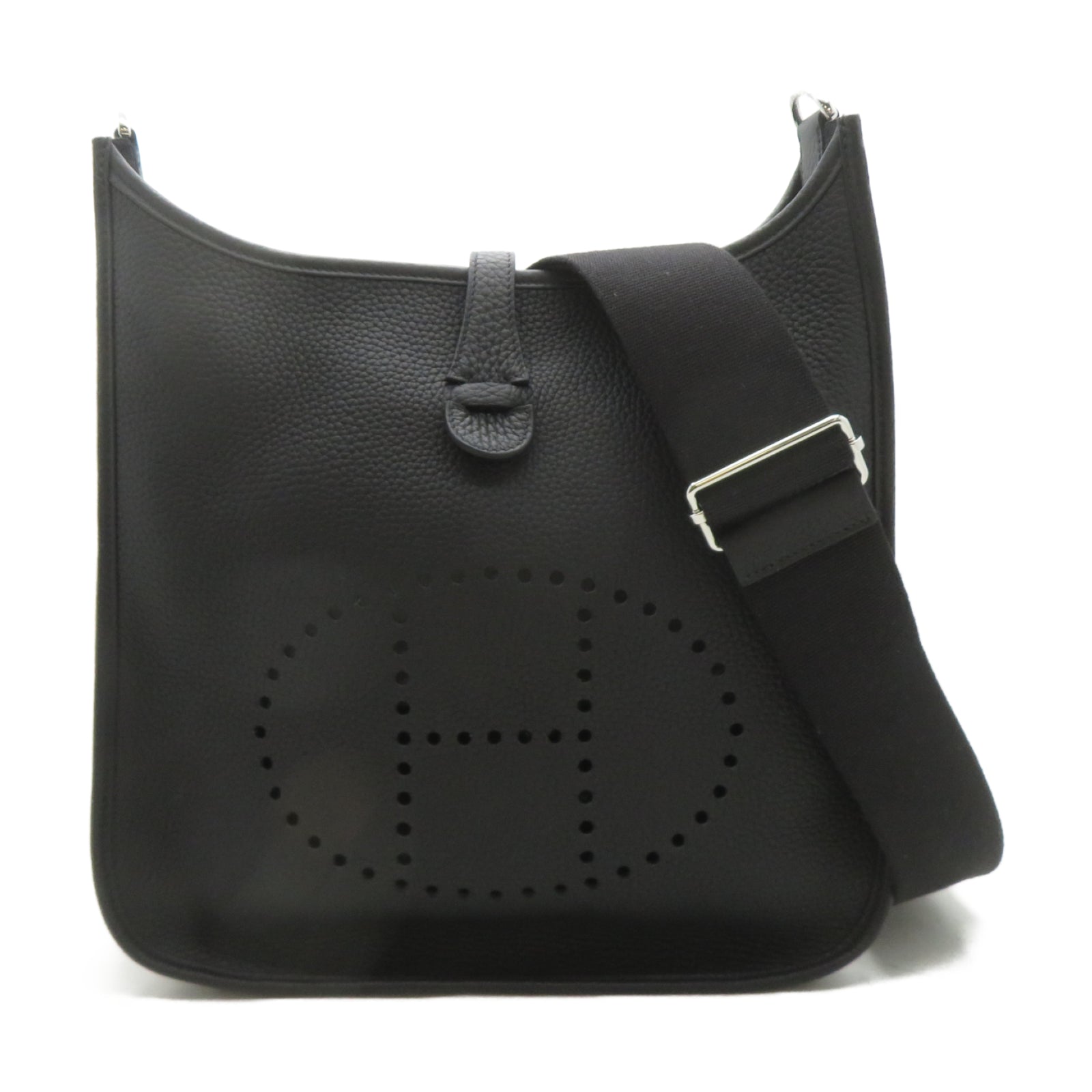 HERMES Clemence皮革Evelyne PM銀扣肩背袋Noir黑色