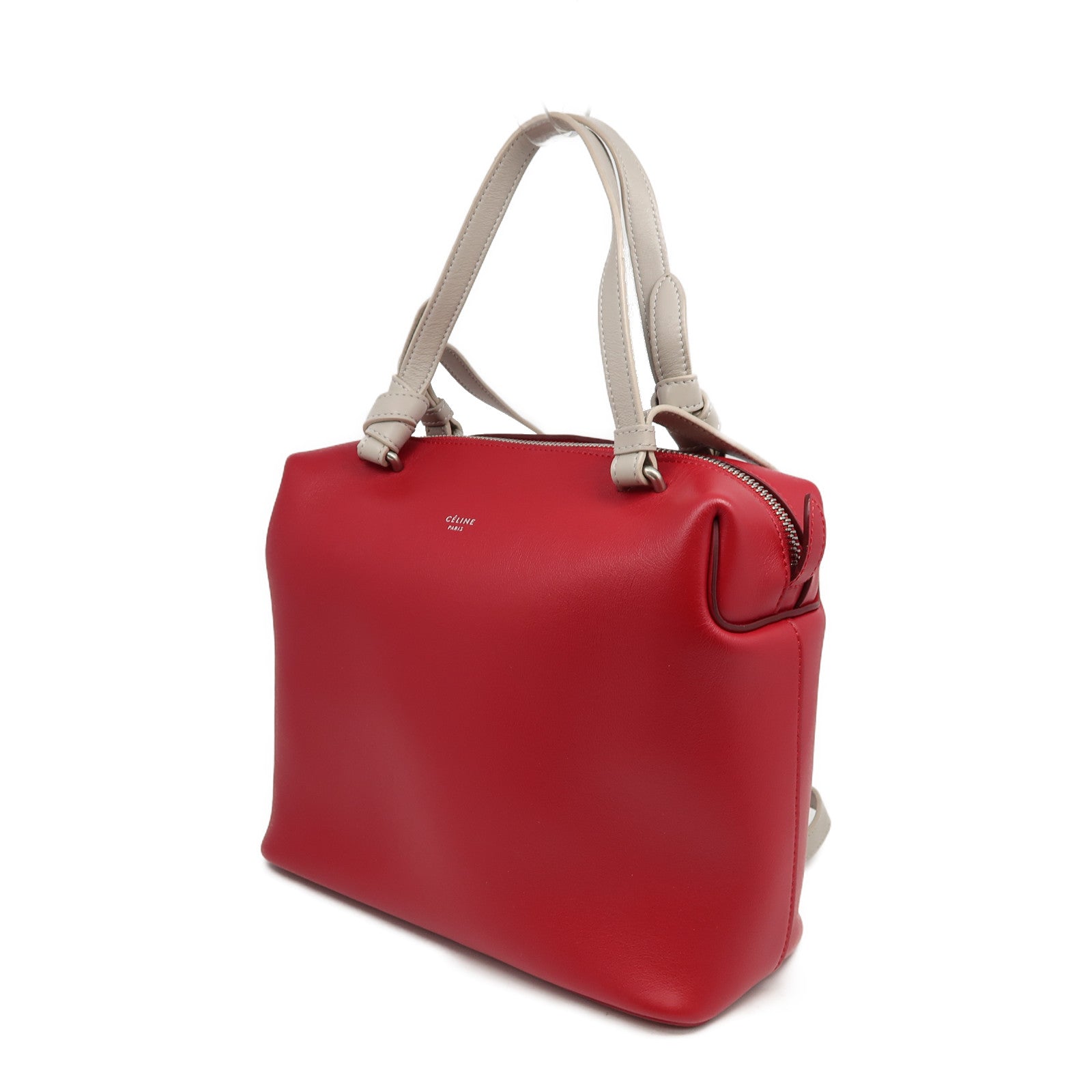 CELINE 牛皮皮革2 Way Shoulder Bag銀扣手挽肩背兩用袋紅色/灰色