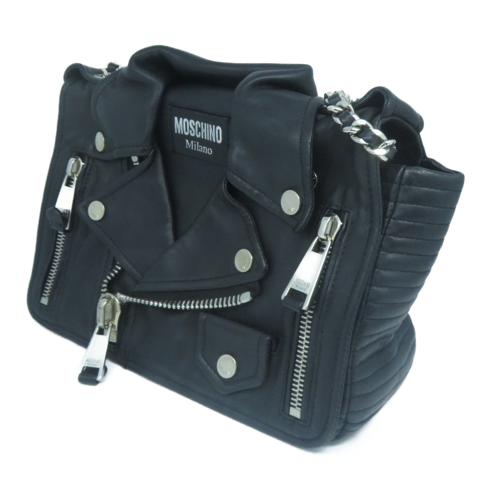 MOSCHINO 牛皮皮革Chain Shoulder銀扣鏈帶肩背袋黑色