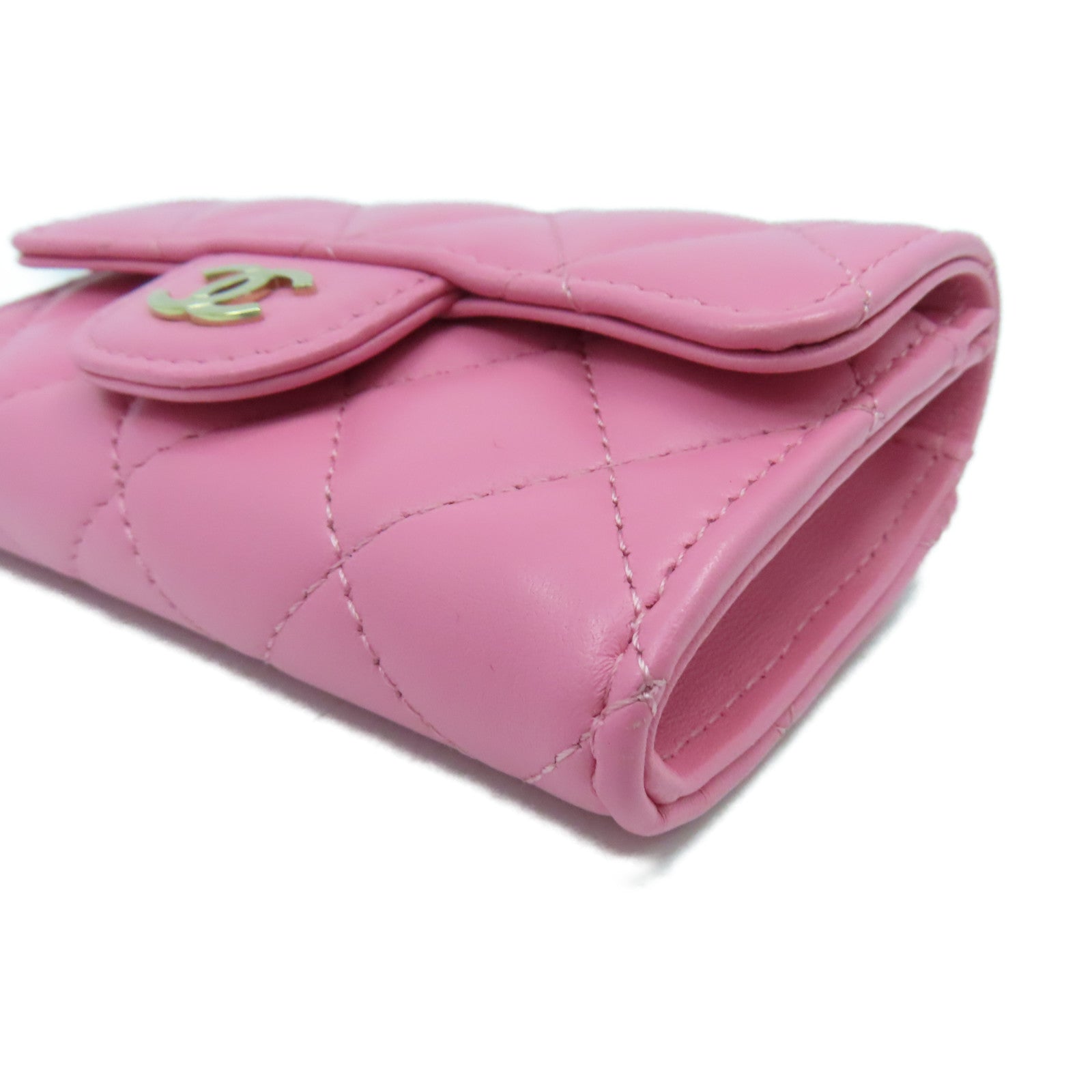 CHANEL 菱格羊皮皮革Card Case金扣卡片套粉紅色