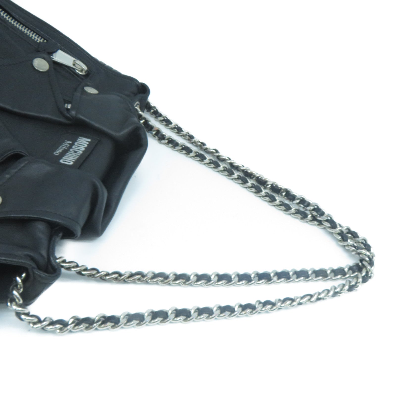 MOSCHINO 牛皮皮革Chain Shoulder銀扣鏈帶肩背袋黑色