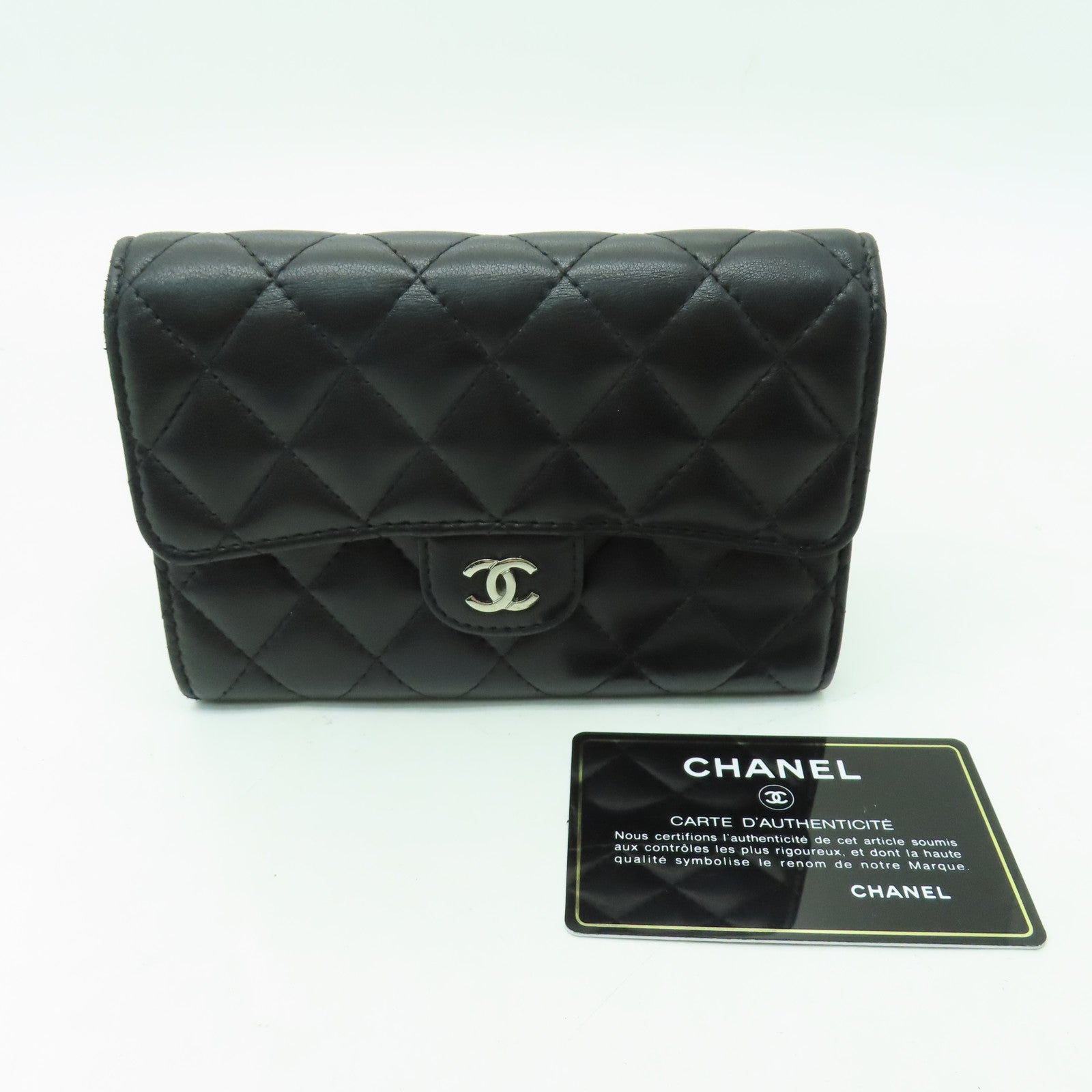 CHANEL 菱格羊皮皮革Wallet銀扣錢包黑色