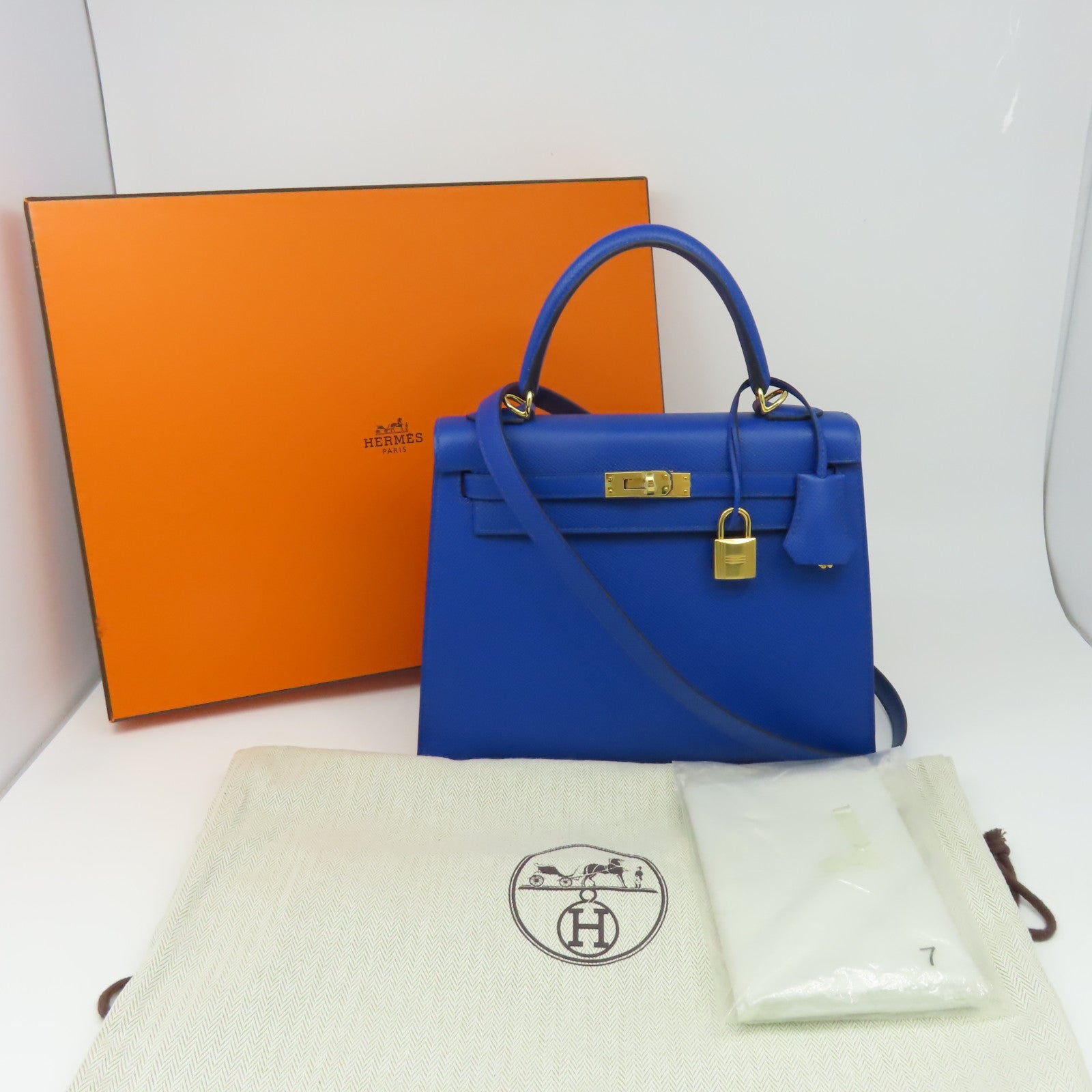 HERMES Epsom皮革Kelly 25 Sellier金扣手挽肩背兩用袋Bleu France法國藍色