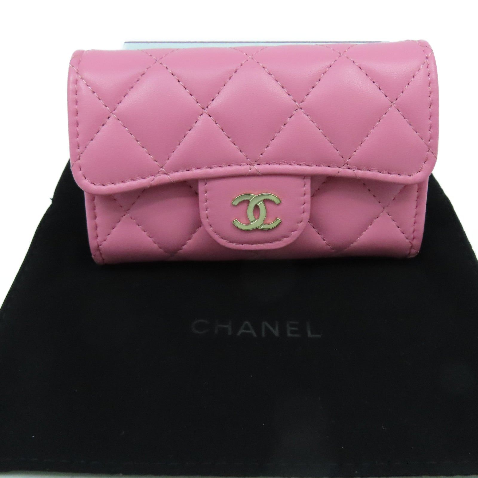 CHANEL 菱格羊皮皮革Card Case金扣卡片套粉紅色