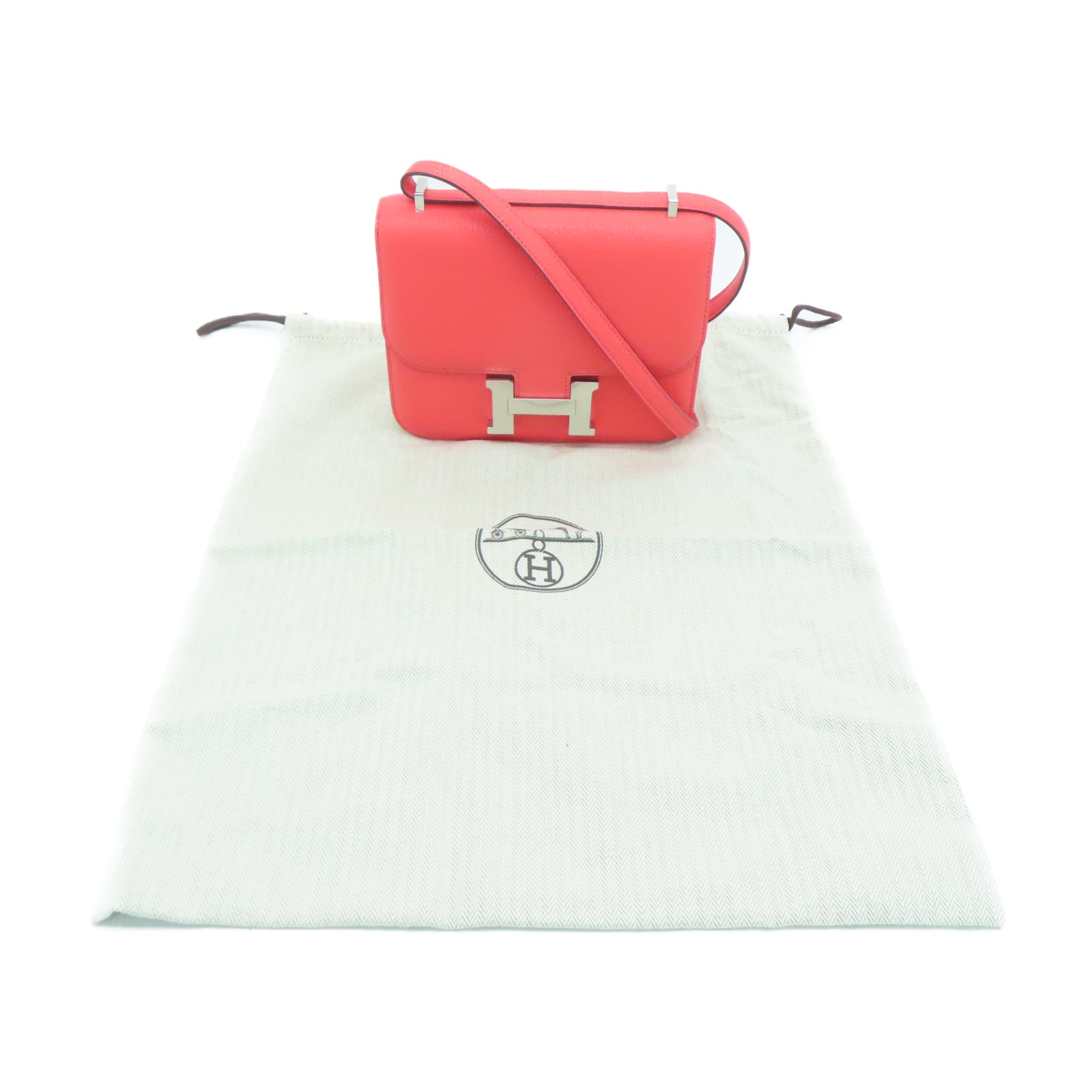 HERMES Chevre皮革Constance Mini银扣肩背袋糖果红色