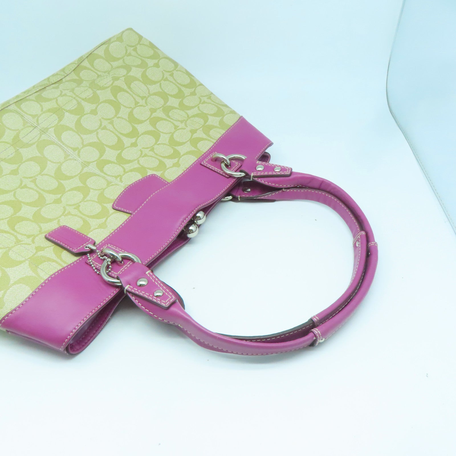 COACH 塗層帆布Tote Bag銀扣手挽袋啡色/粉紅色