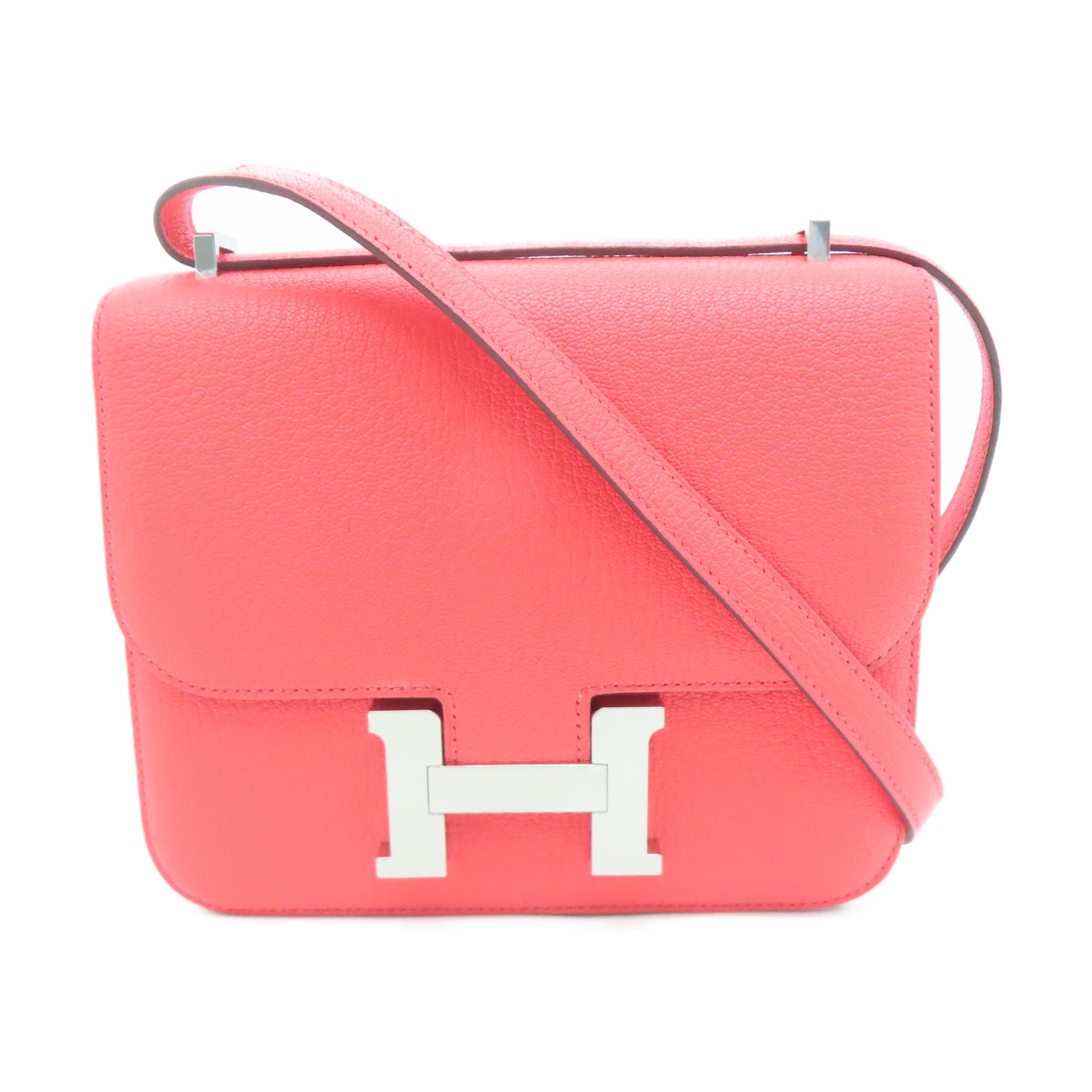 HERMES Chevre皮革Constance Mini银扣肩背袋糖果红色