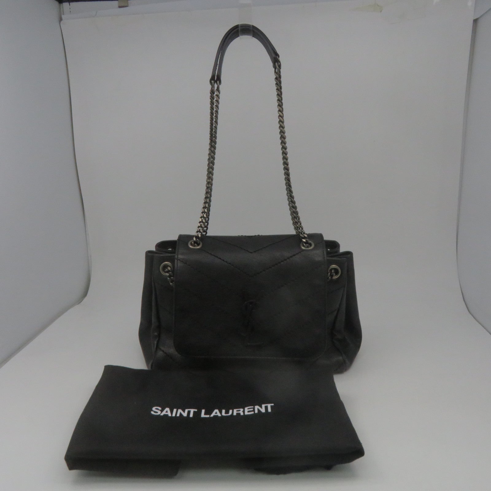 SAINT LAURENT 牛皮皮革2 way Shoulder銀扣鏈帶肩背袋黑色