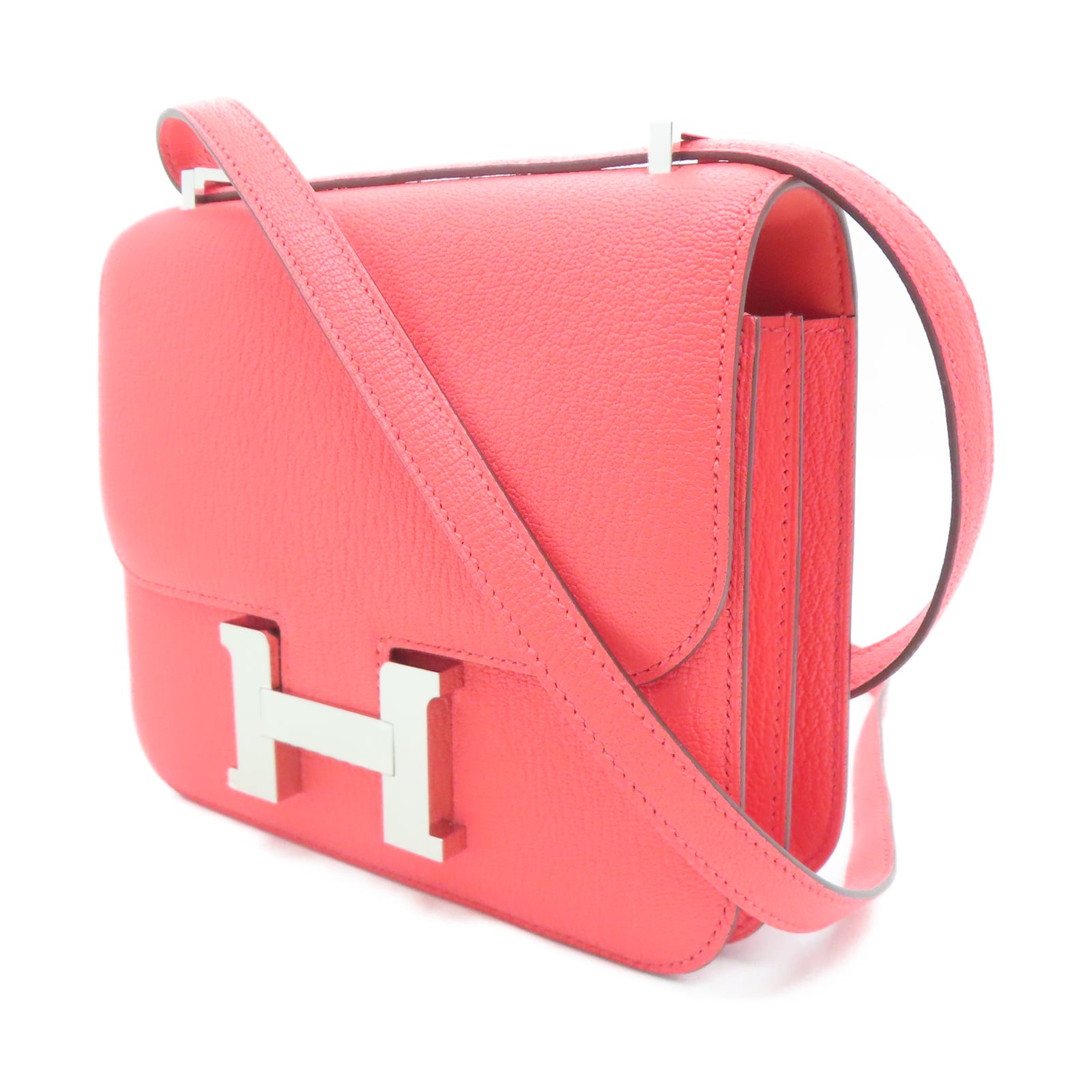 HERMES Chevre皮革Constance Mini银扣肩背袋糖果红色
