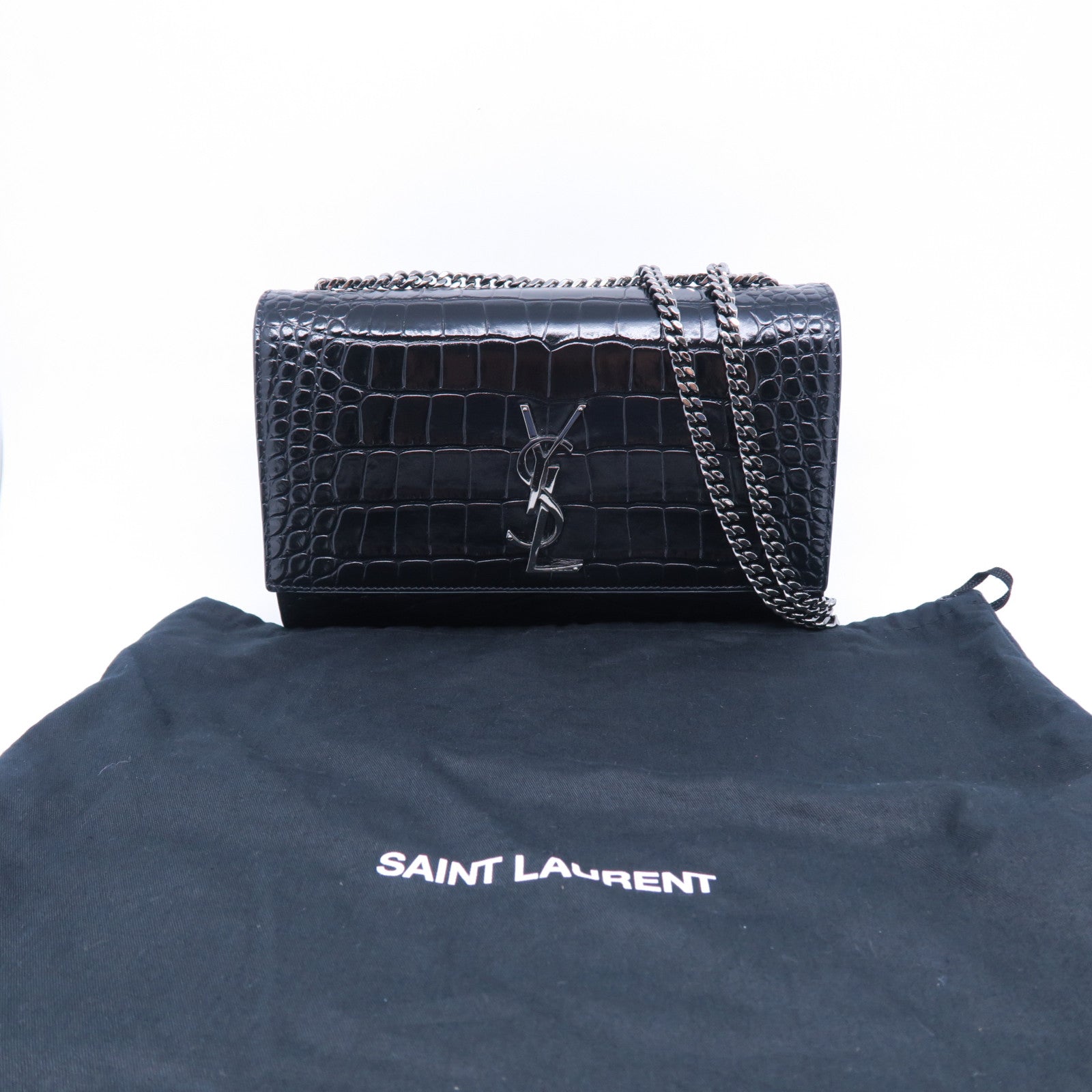 YVES SAINT LAURENT 牛皮皮革Kate銀扣鏈帶肩背袋黑色